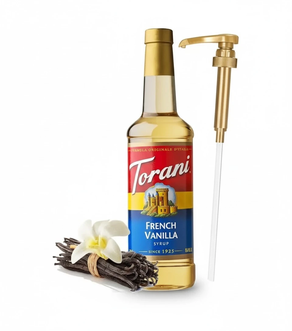 French Vanilla Syrup for Coffee 25.4 Ounces, Torani with Little Squirt Syrup Pump