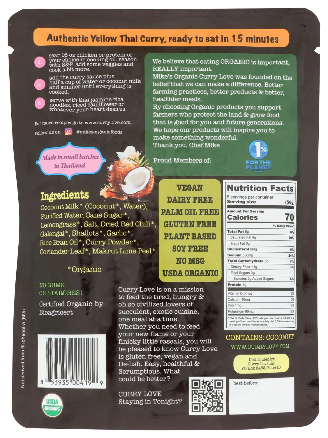 Curry Love, Organic Yellow Thai Curry Sauce, 8.8 Ounce
