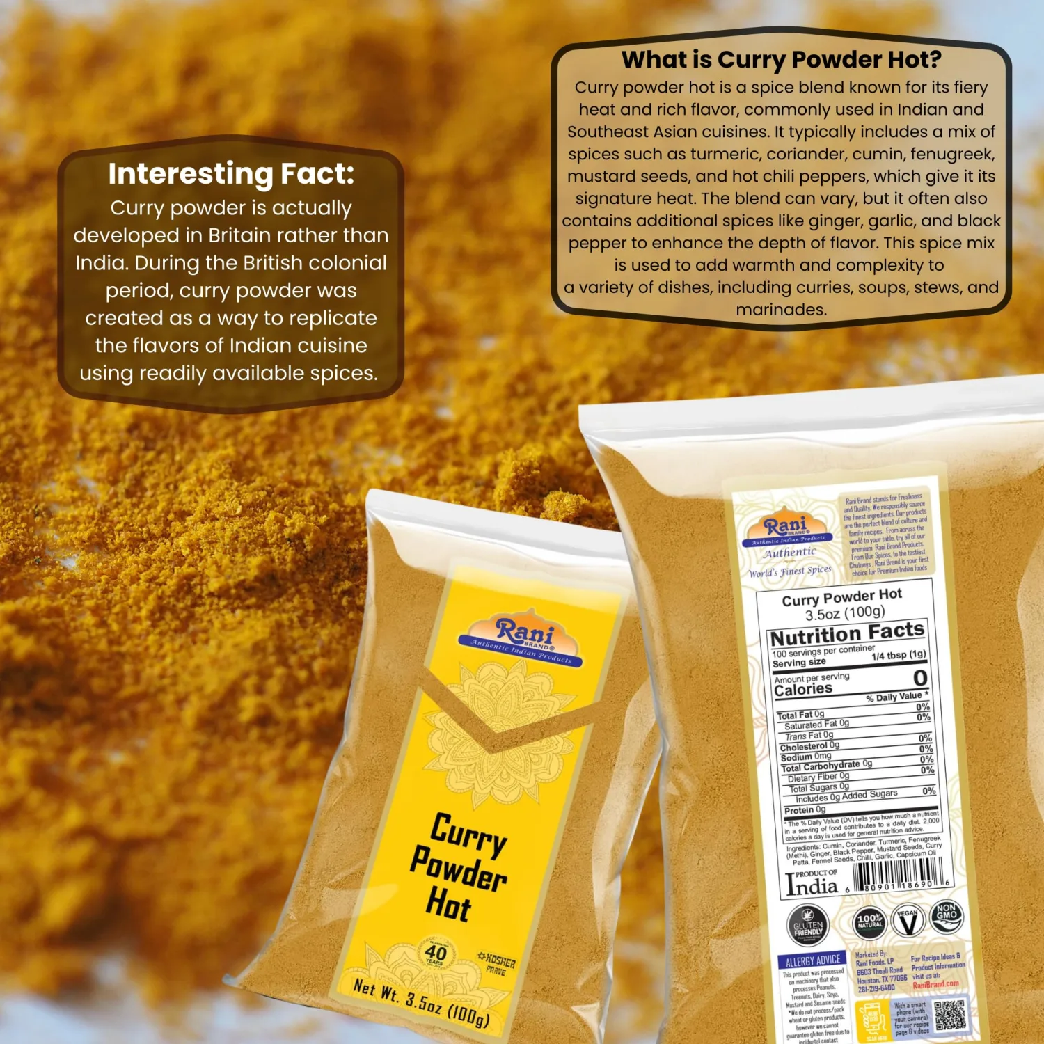 Rani Curry Powder Hot (11-Spice Authentic Indian Blend) 3.5oz (100g) ~ All Natural | Salt-Free | Vegan | No Colors | Gluten Friendly | NON-GMO | Kosher | Indian Origin