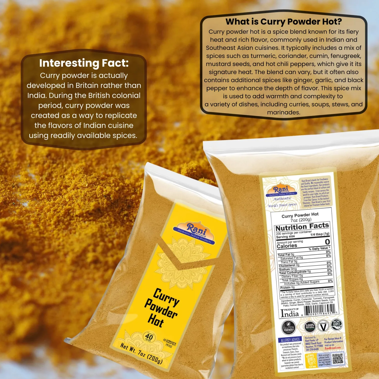 Rani Curry Powder Hot (11-Spice Authentic Indian Blend) 7oz (200g) ~ All Natural | Salt-Free | Vegan | No Colors | Gluten Friendly | NON-GMO | Kosher | Indian Origin