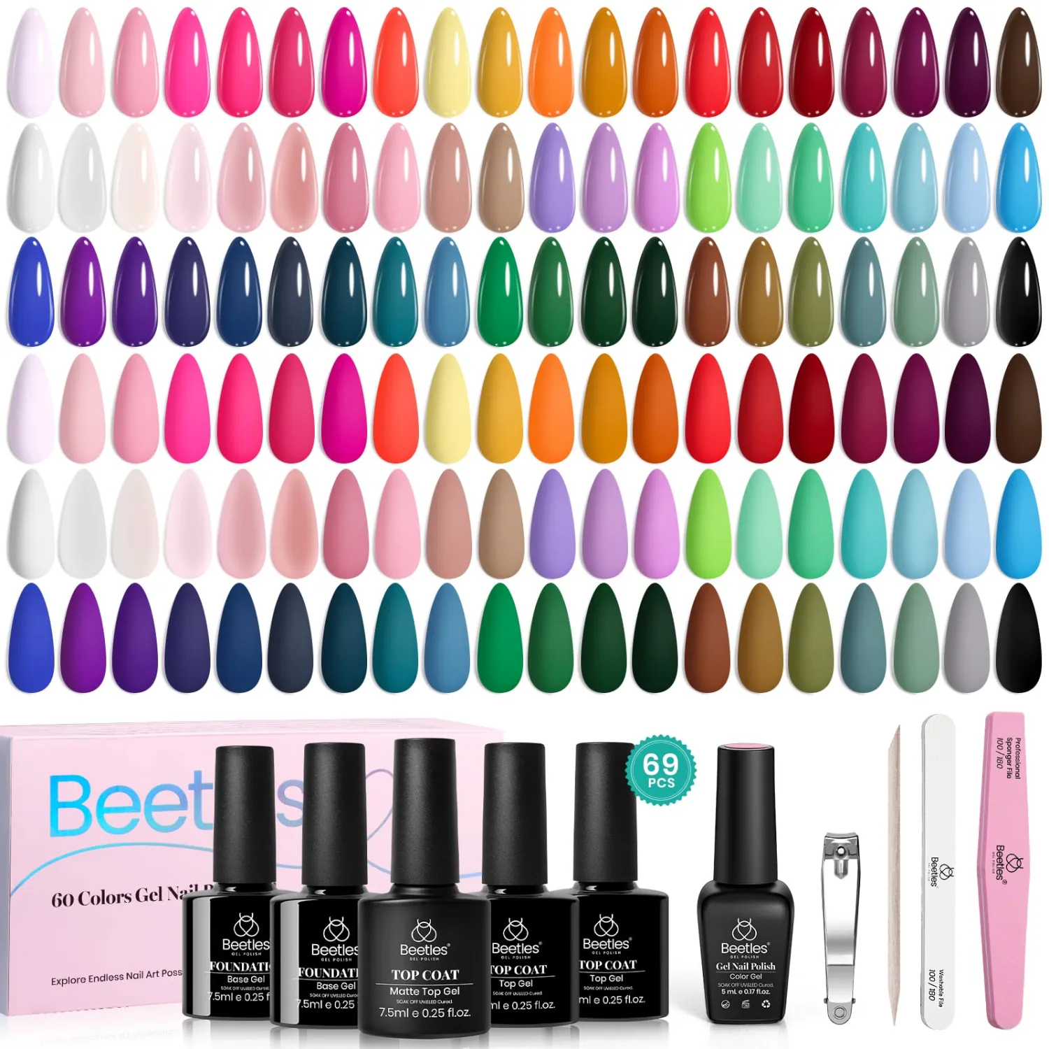 Beetles Gel Nail Polish Set - 69PCS 60 Colors Gel Polish Kit Base Coat Glossy & Matte Top Coat Soak off Emotional Spectrum Collection Red Black Nude White Neon All Seasons Gifts for Women