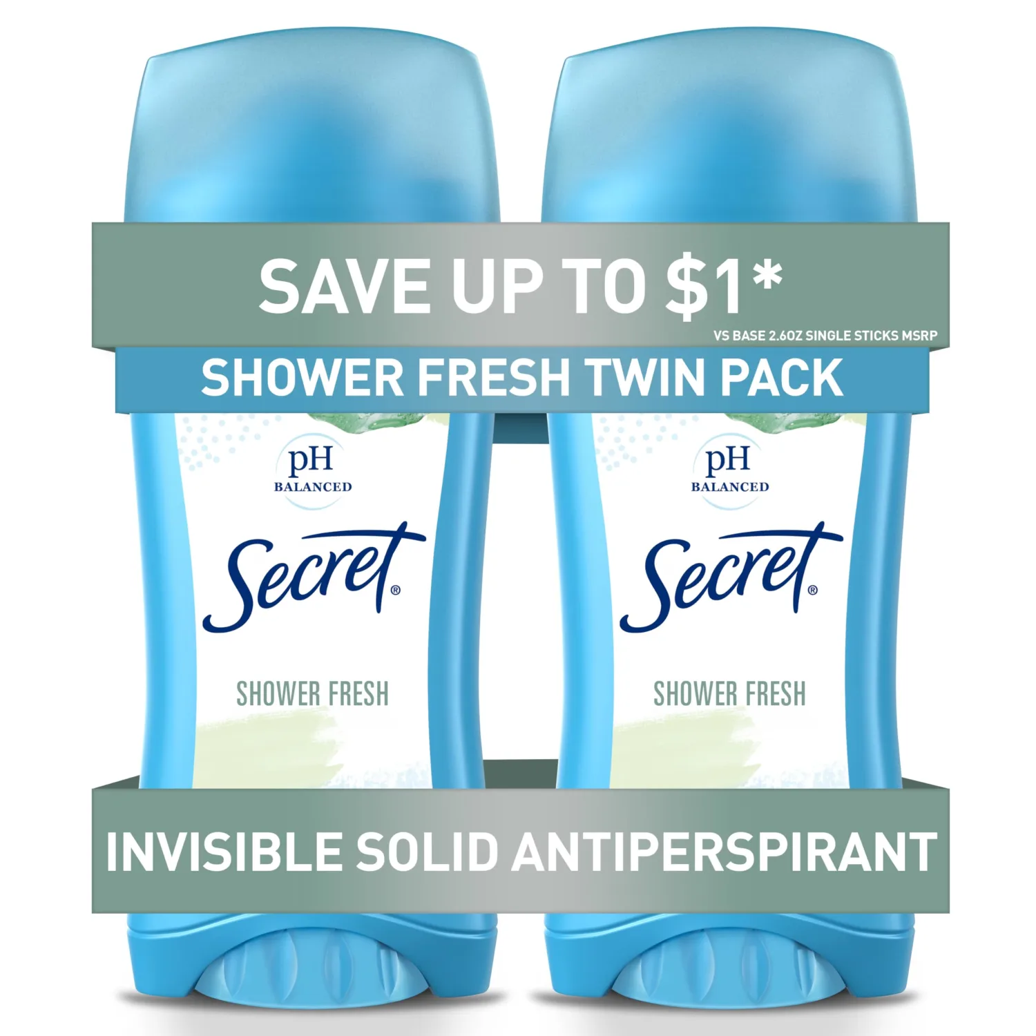 Secret Antiperspirant and Deodorant for Women, 24hr Sweat & Odor Protection, PH Balanced Protection, Gentle on Skin, Invisible Solid, Shower Fresh Scent, 2.6 oz (Pack of 2)