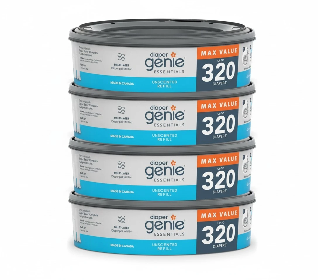 Diaper Genie Essentials Round Refill Pack of 4 | Holds Up to 1280 Newborn Diapers | Features Unscented Continuous Film | Compatible with Diaper Genie Complete and Expressions Pails