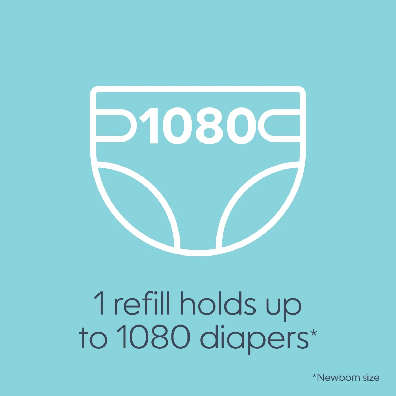 The Diaper Genie Jumbo+ Square Refill, with continuous film, can hold up to 1080 newborn-sized diapers per refill.