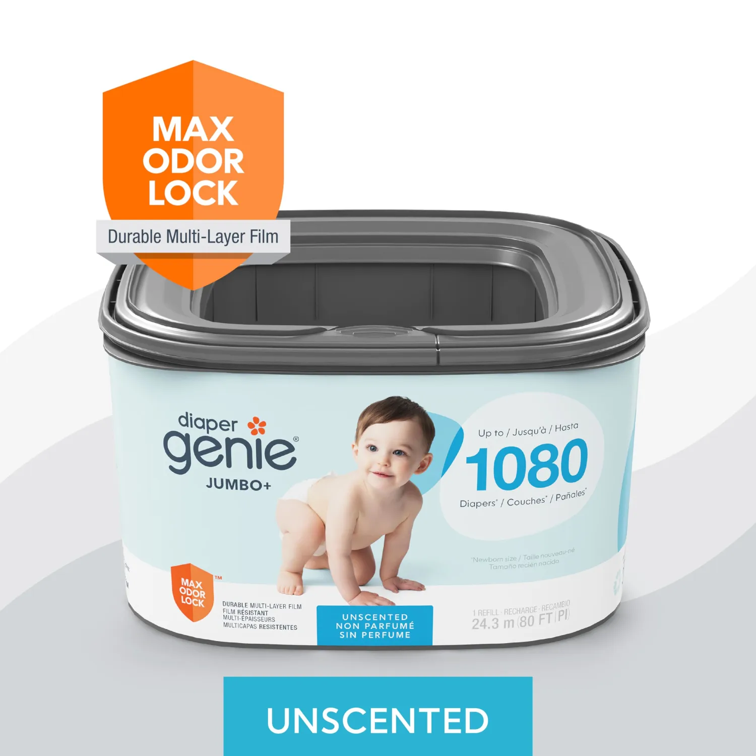The Diaper Genie Jumbo+ Square Refill, with continuous film, can hold up to 1080 newborn-sized diapers per refill.