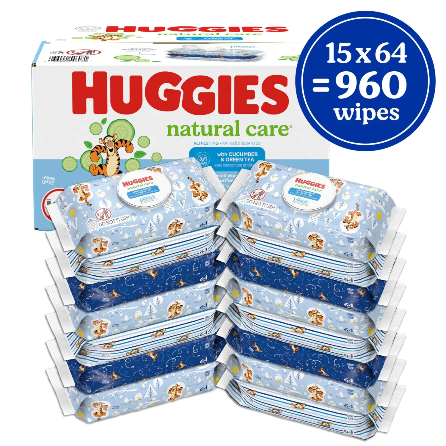 Huggies Natural Care Refreshing Baby Diaper Wipes, Hypoallergenic, Scented, 15 Flip-Top Packs (960 Wipes Total)