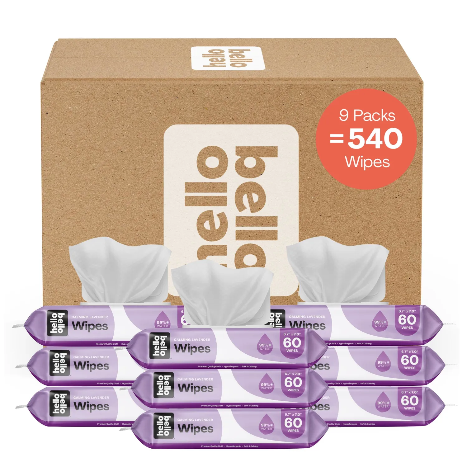 Hello Bello Extra Gentle Lavender Scented Baby Wipes, Made with 99% Water and Aloe for Babies and Kids, 60 Count (Pack of 9) Total 540 Count