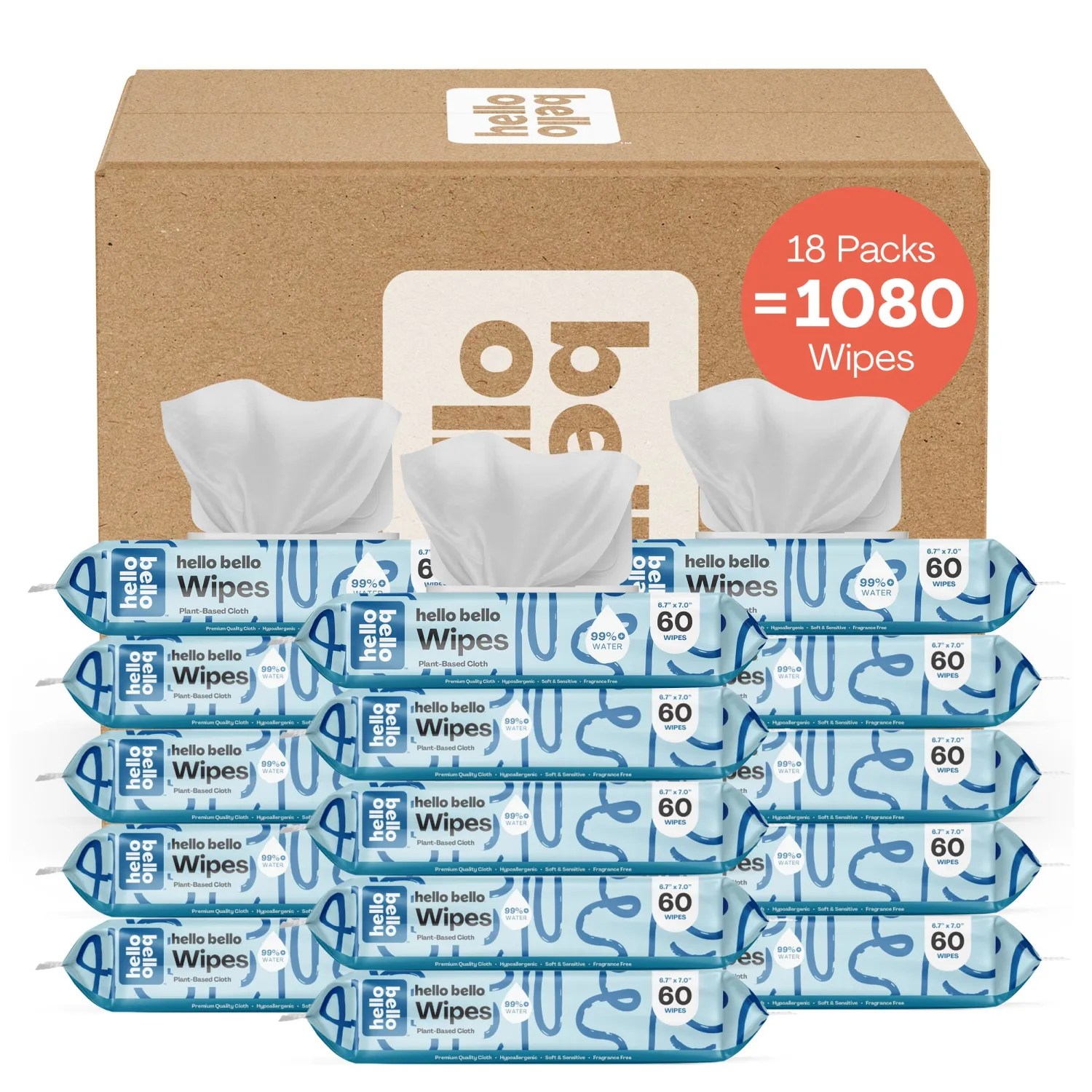 Hello Bello Extra Gentle Unscented Baby Wipes, Plant Based, Made with 99% Water and Aloe for Babies and Kids, 1080 Count