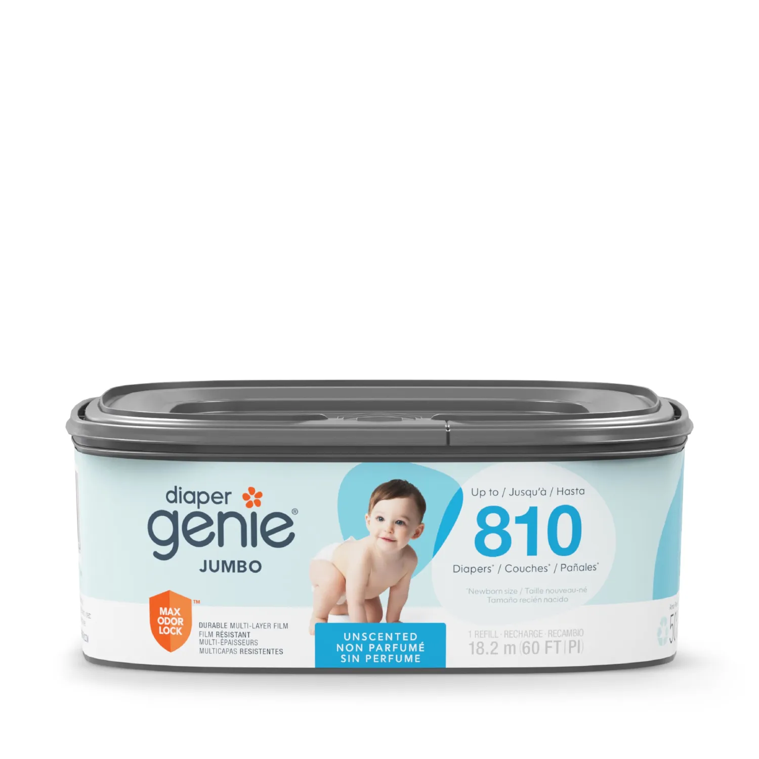 The Diaper Genie Jumbo Square Refill, with Continuous Film, can Hold up to 810 Newborn-Sized Diapers per Refill.