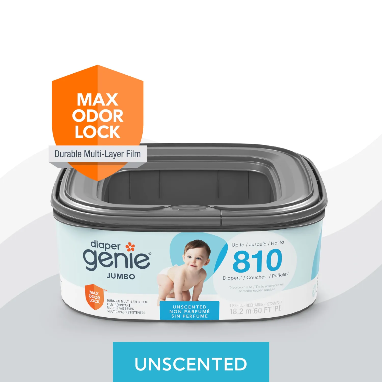 The Diaper Genie Jumbo Square Refill, with Continuous Film, can Hold up to 810 Newborn-Sized Diapers per Refill.