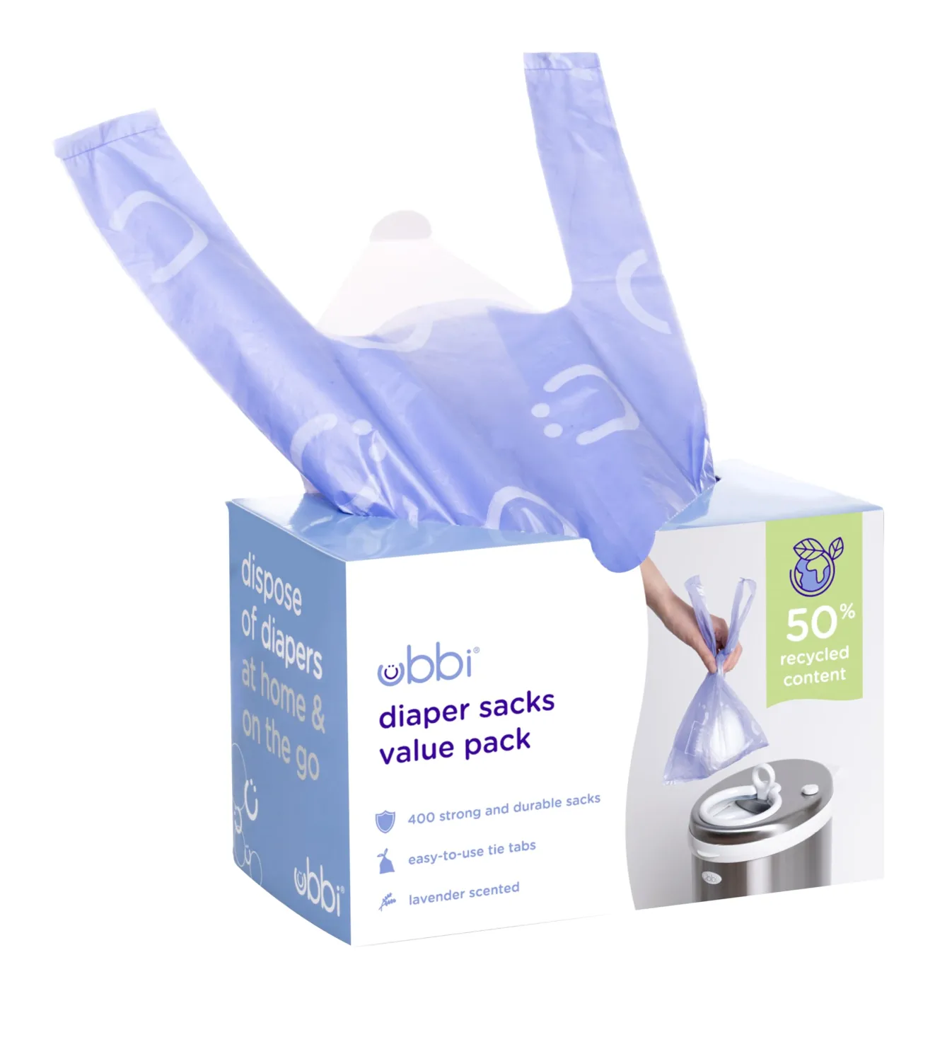 Ubbi Disposable Nappy Sacks, Lavender Scented, Easy-To-Tie Tabs, Baby Diaper Disposal or Pet Waste Bags, Value Pack, 400 Count