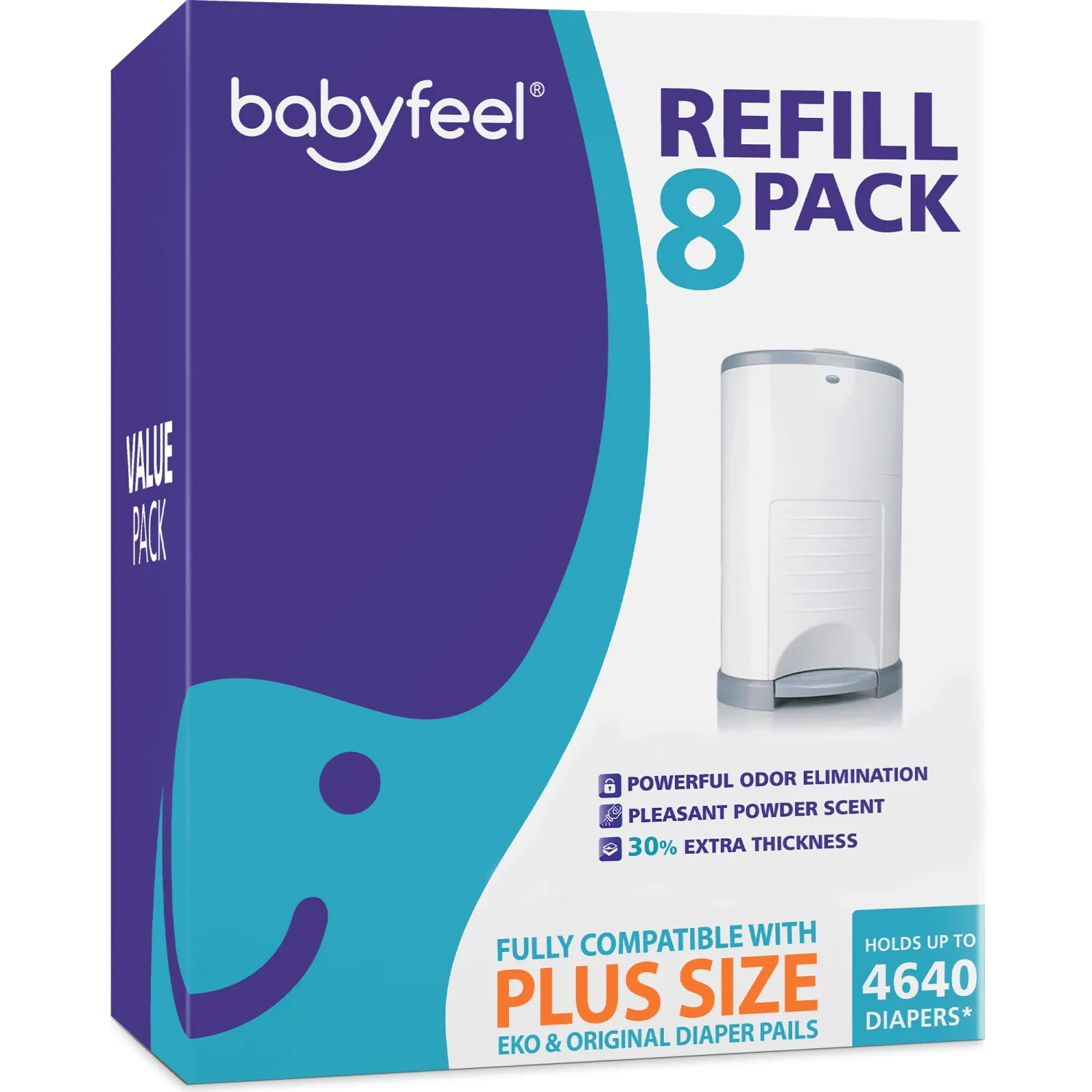 Babyfeel Refills for DEKOR PLUS Diaper Pails, 8 Pack, Exclusive 30% Extra Thickness, Fresh Powder Scent, Holds up to 4640 Diapers