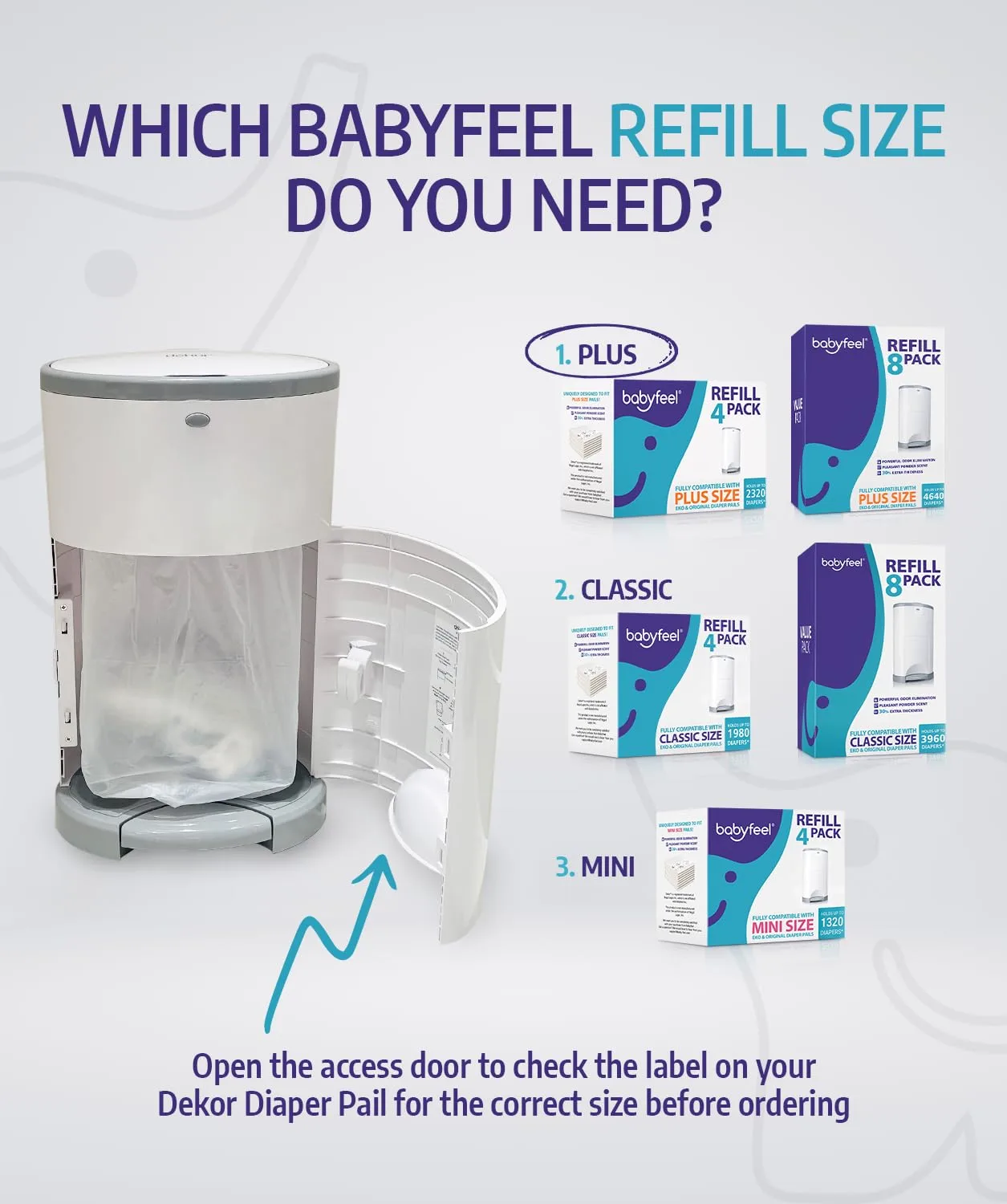 Babyfeel Refills for DEKOR PLUS Diaper Pails, 8 Pack, Exclusive 30% Extra Thickness, Fresh Powder Scent, Holds up to 4640 Diapers