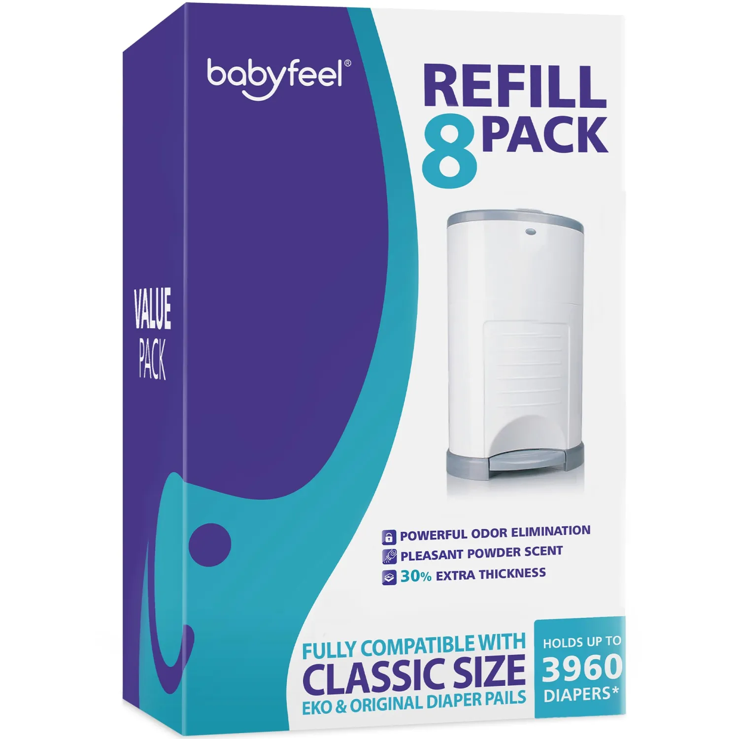 Babyfeel Refills Compatible with DEKOR CLASSIC Diaper Pails | 8 Pack | Exclusive 30% Extra Thickness | Diaper Pail Refills with Powerful Odor Elimination | Powder Scent | Holds up to 3960 Diapers