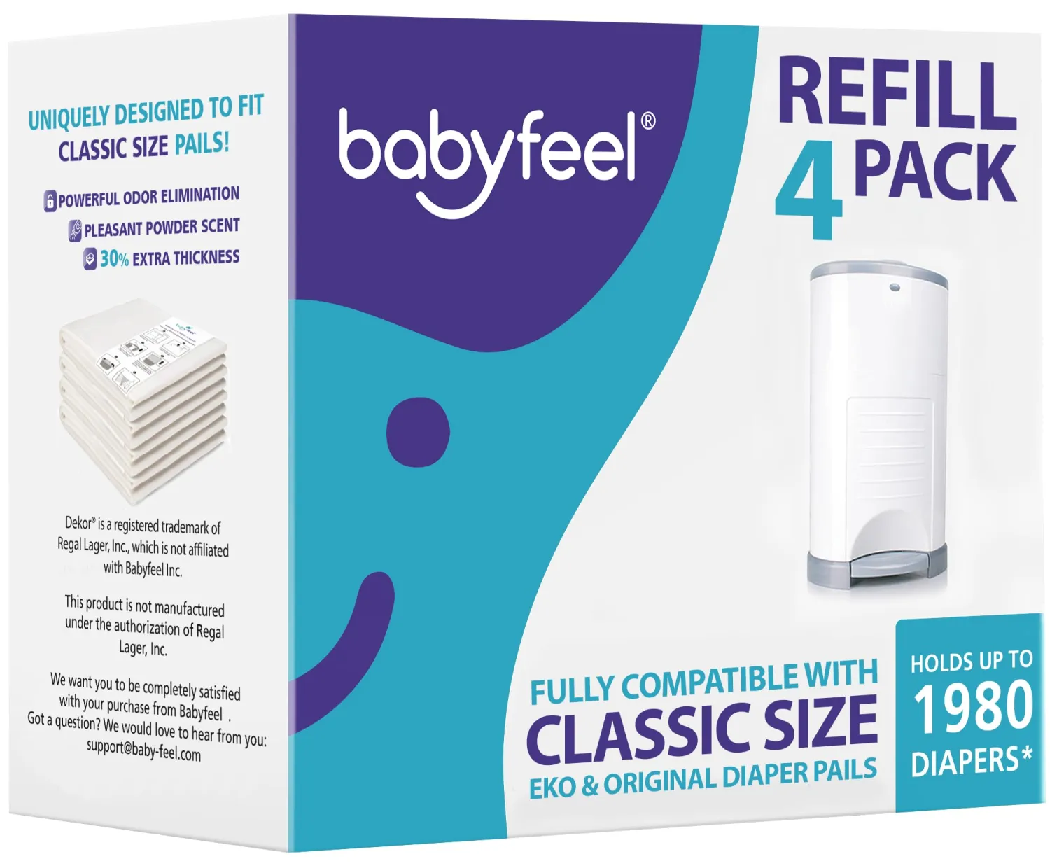 Babyfeel Refills Compatible with DEKOR CLASSIC Diaper Pails | 4 Pack | Exclusive 30% Extra Thickness | Diaper Pail Refills with Powerful Odor Elimination | Powder Scent | Holds up to 1980 Diapers