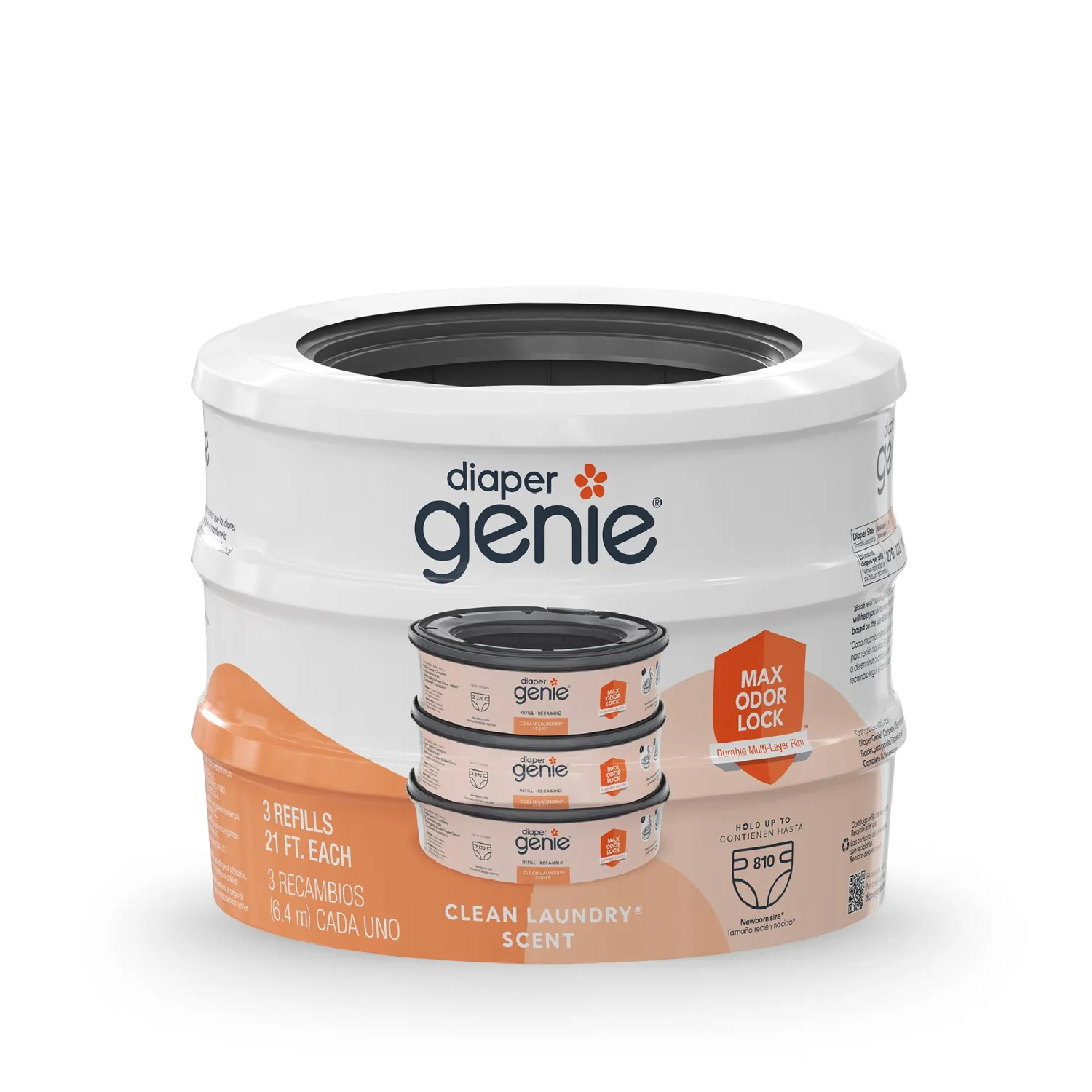 Diaper Genie Bags Refills 270 Count (Pack of 3) Clean Laundry Scent | Diaper Pail Refills with Max Odor Lock | Holds up to 810 Newborn Diapers