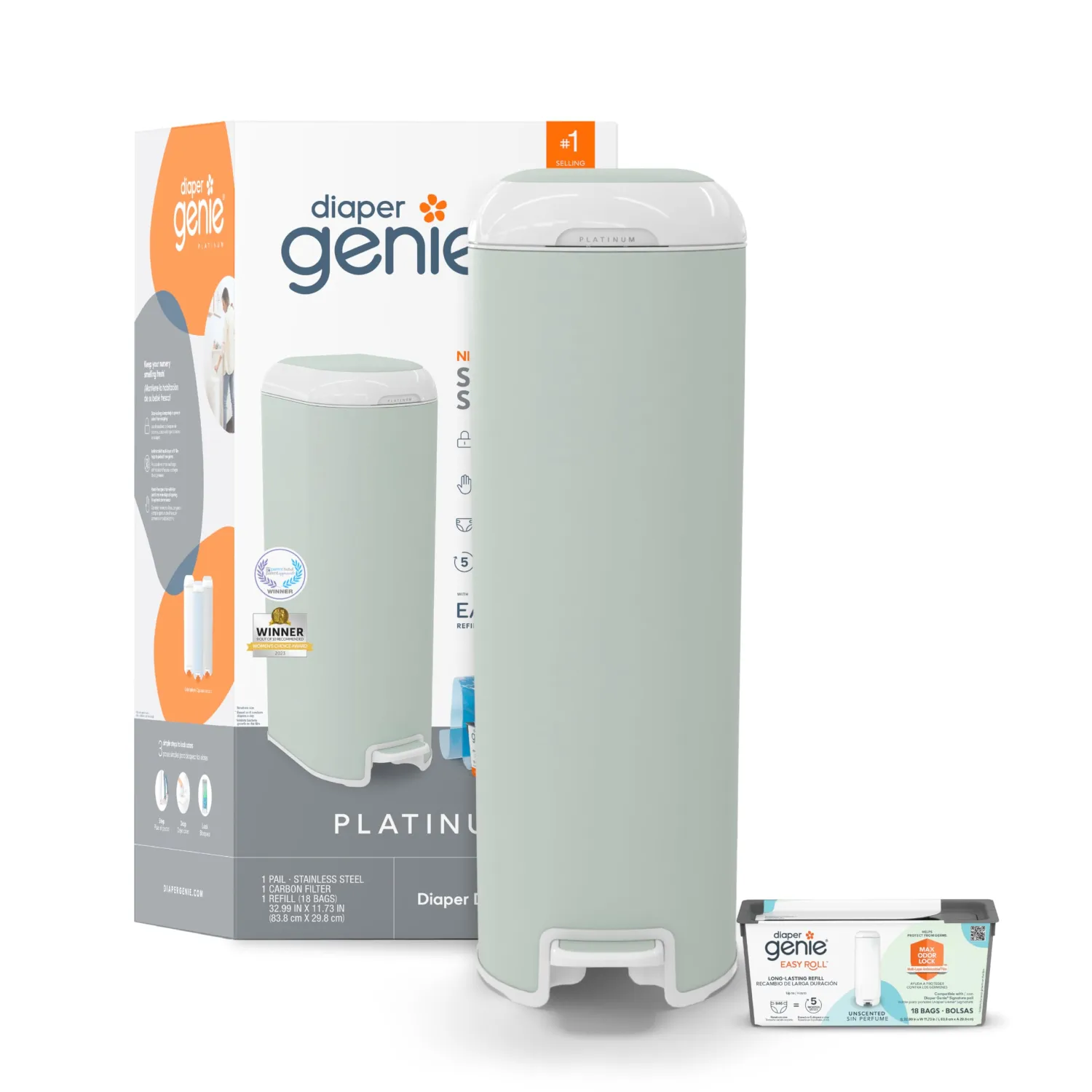 Diaper Genie Platinum Pail (Sage Green) is Made in Durable Stainless Steel and Includes 1 Easy Roll Refill with 18 Bags That can Last up to 5 Months.