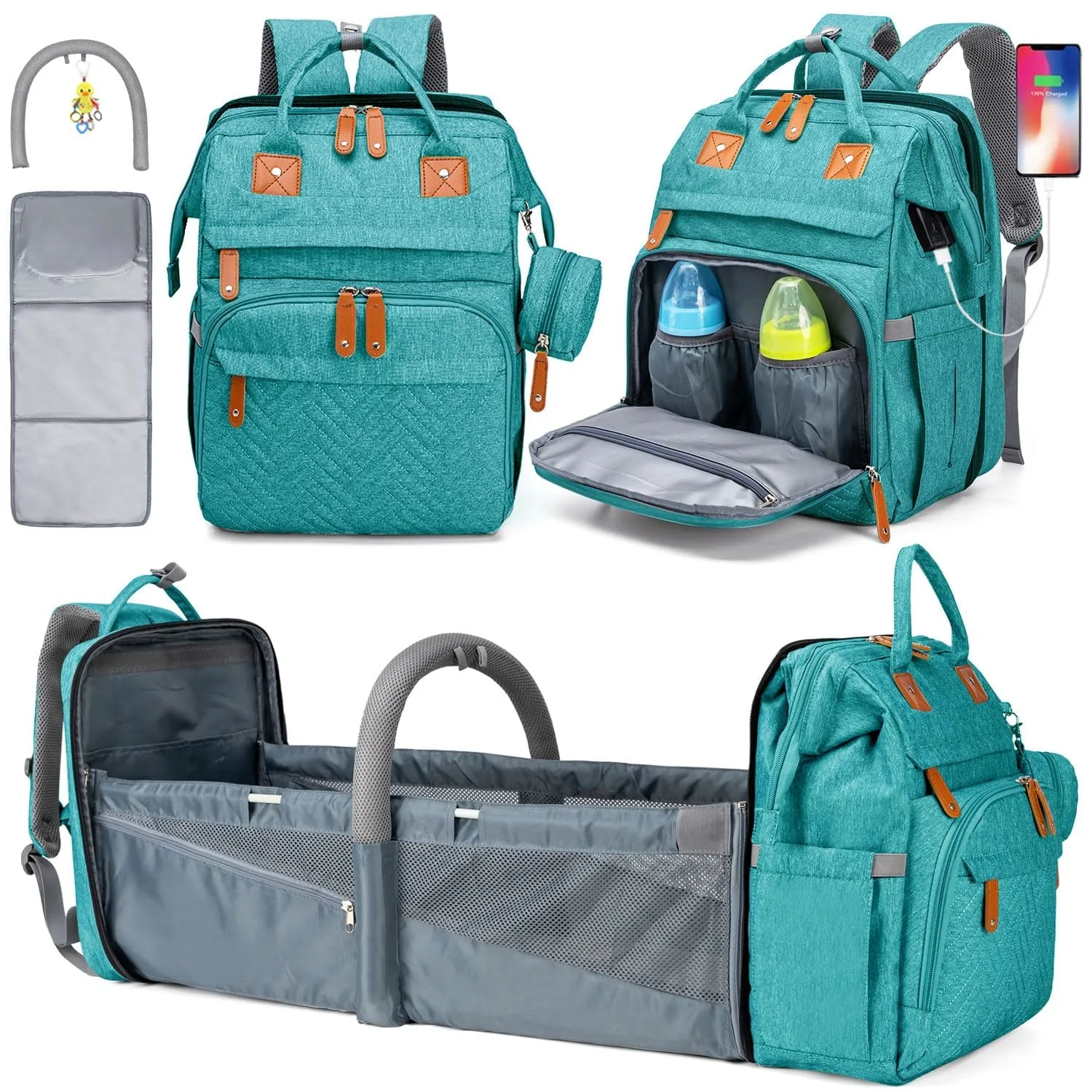 KABAQOO Diaper Bag Backpack, Large Baby Diaper Bags for Boys Girls, Baby Bag with USB Charging Port, Multifunction Waterproof Travel Back Pack for Moms Dads, Lake Blue