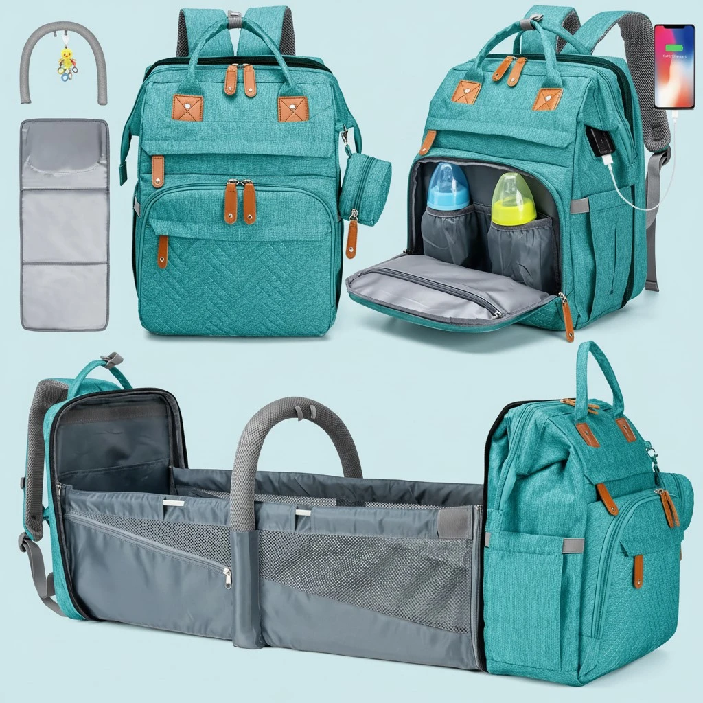 KABAQOO Diaper Bag Backpack, Large Baby Diaper Bags for Boys Girls, Baby Bag with USB Charging Port, Multifunction Waterproof Travel Back Pack for Moms Dads, Lake Blue