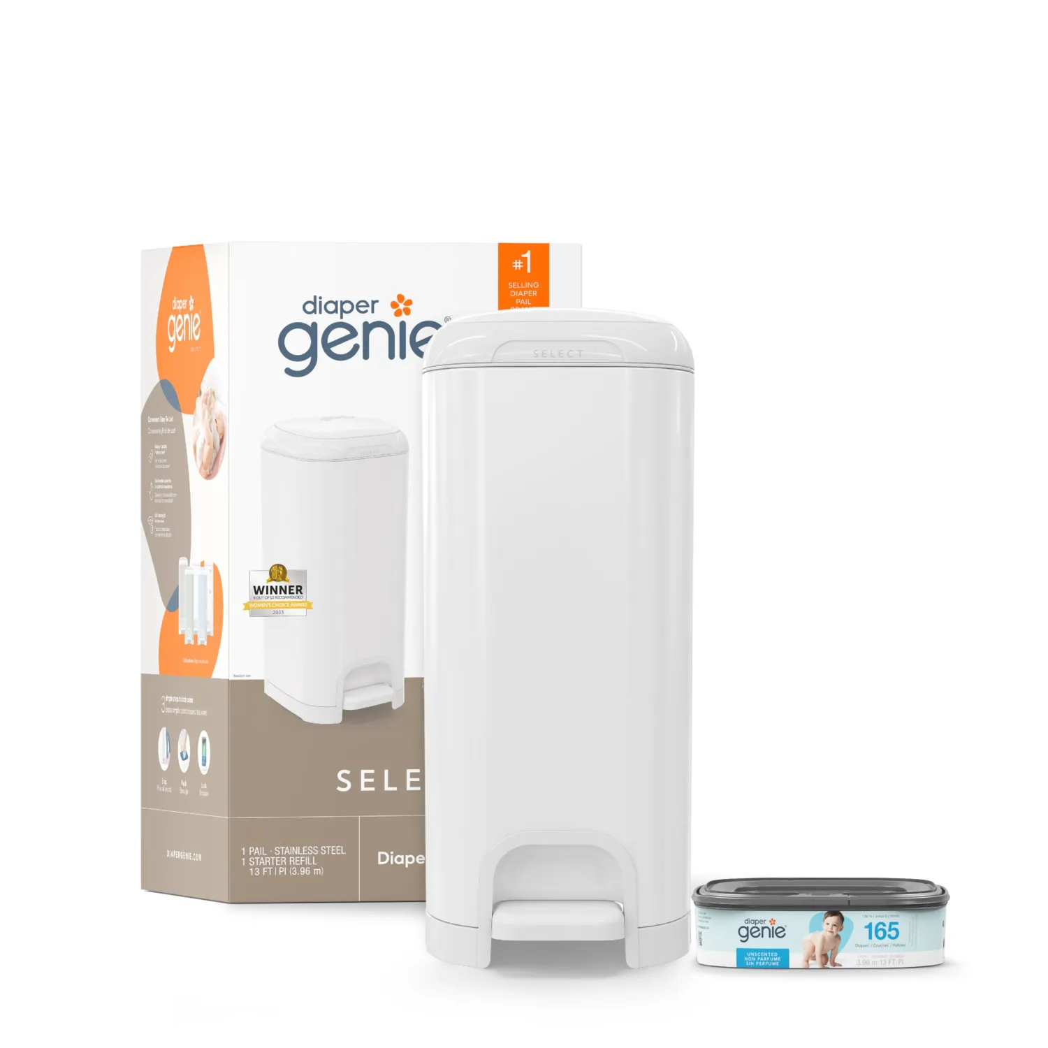 Diaper Genie Select Pail is Made of Durable Stainless Steel and Includes 1 Starter Square Refill That can Hold up to 165 Newborn-Sized Diapers.