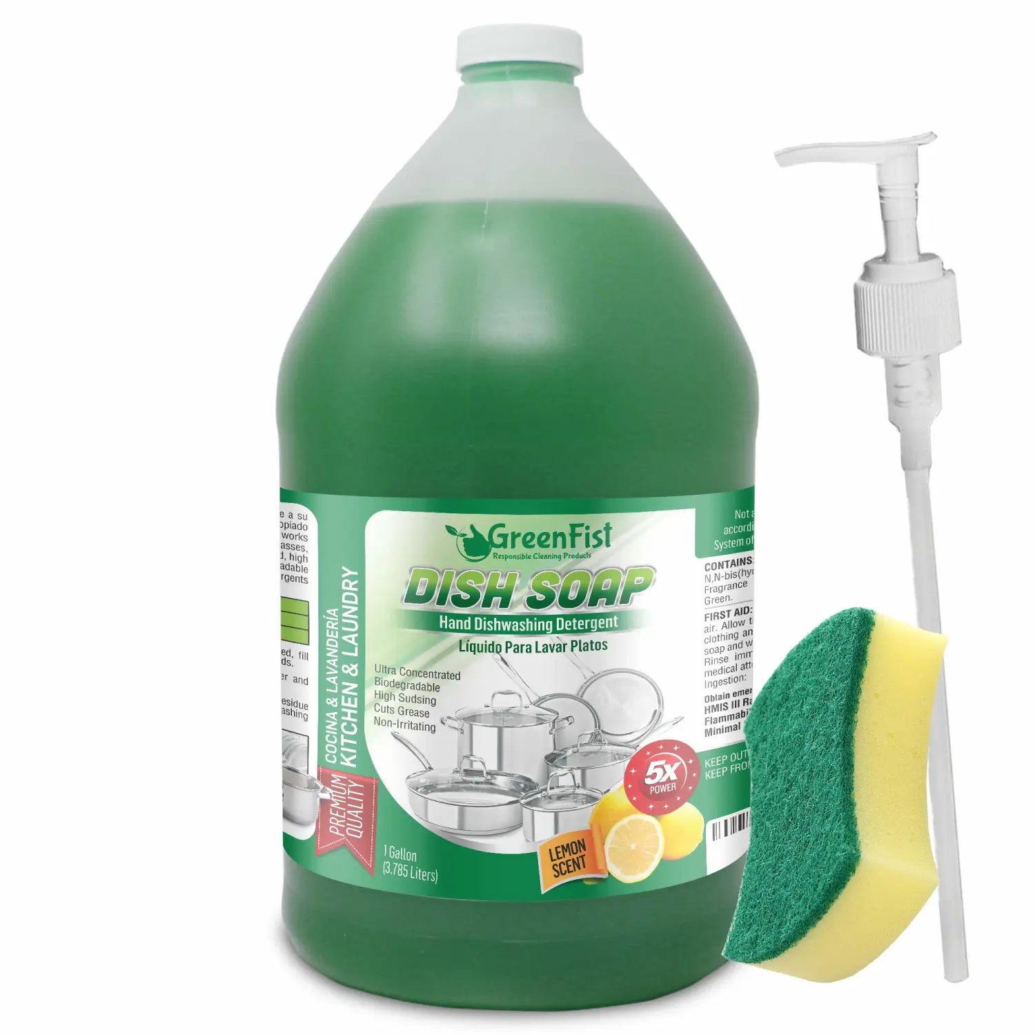 GreenFist Dish Soap Professional Detergent Liquid Pot & Pan Dish-Wash - Light or Heavy Use (1 Gallon Unisoft) (1 Gallon Green) (Green Dish Soap 1 Gallon W/Sponge & Pump)