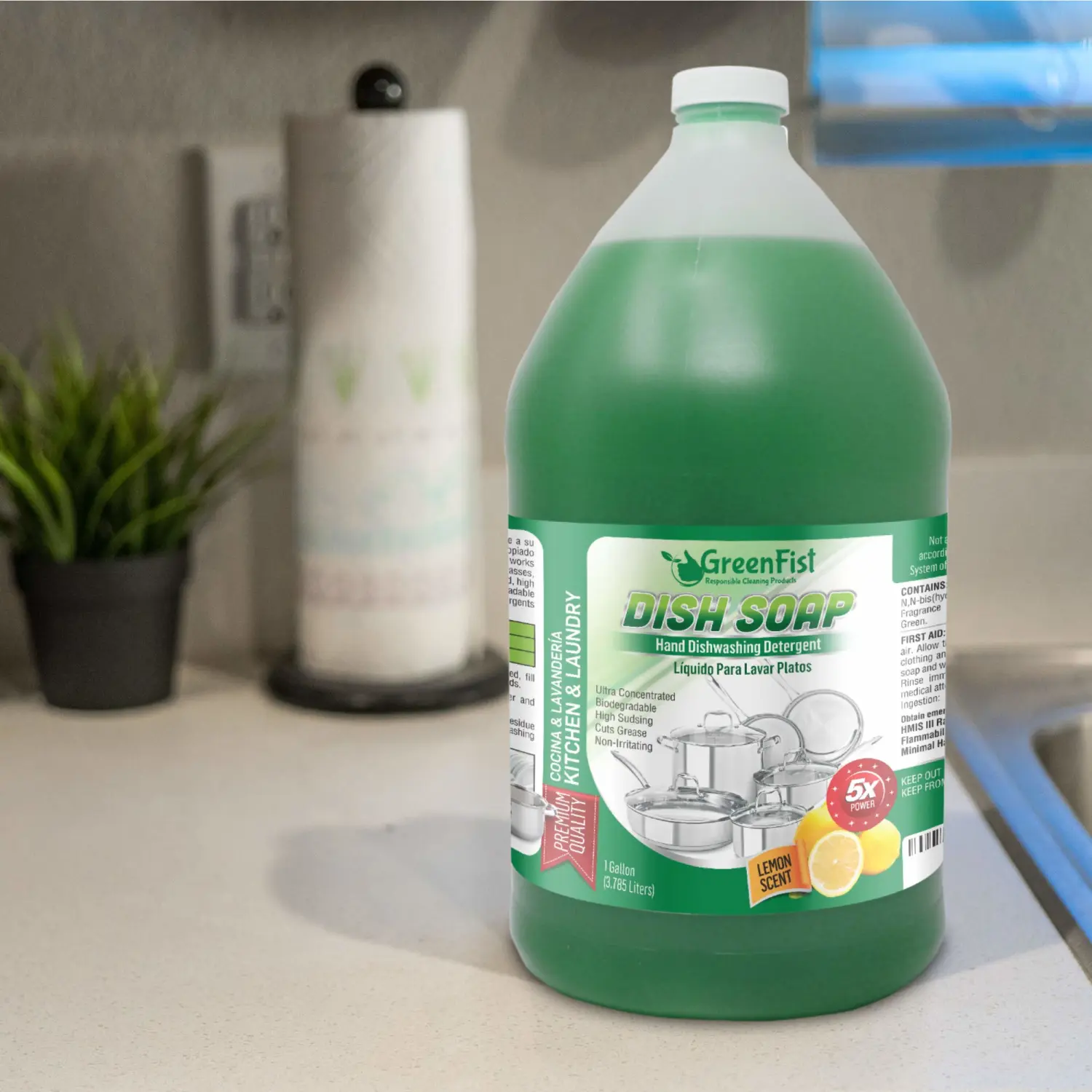 GreenFist Dish Soap Professional Detergent Liquid Pot & Pan Dish-Wash - Light or Heavy Use (1 Gallon Unisoft) (1 Gallon Green) (Green Dish Soap 1 Gallon W/Sponge & Pump)