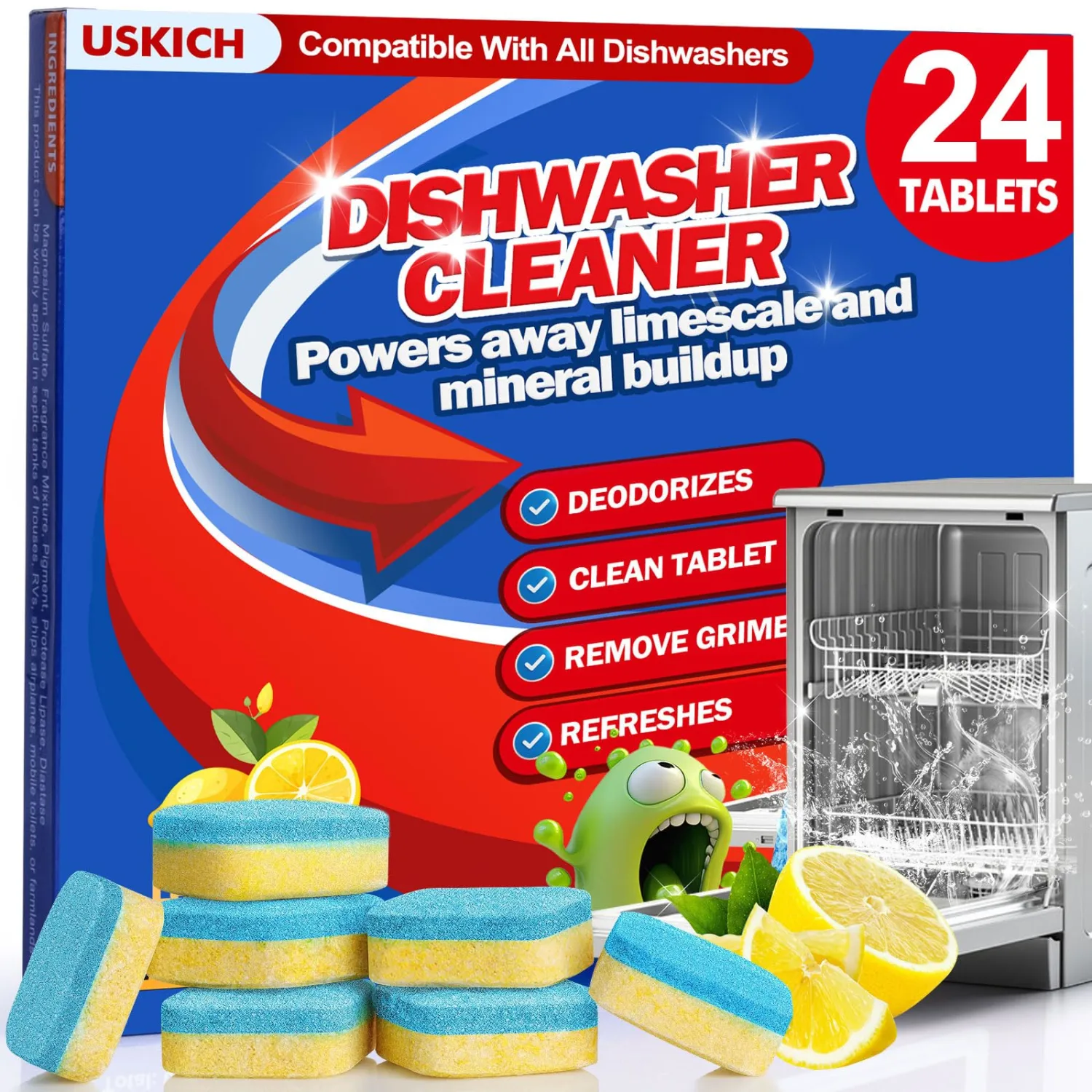 Dishwasher Cleaner Tablets 24 Pack,Deodorizer Tablets Cleaning Descaler Pods for Dish Washer, Natural Dish Washer Machine Tablets for Limescale, Mineral Buildup, Odor, Smell - 12 Month Supply