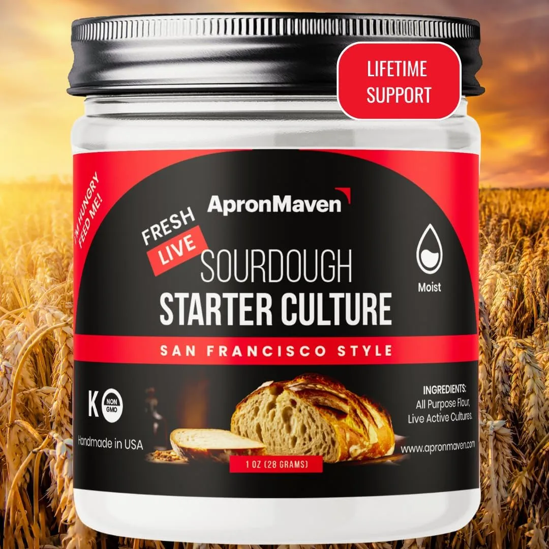 Apron Maven Premium Sourdough Starter Culture - Chewy Tangy San Francisco Style - Fresh Live Liquid Sour Dough in Jar - With Simple Beginner Friendly Feeding Instructions and Customer Support for Homemade Bread Baking Supplies