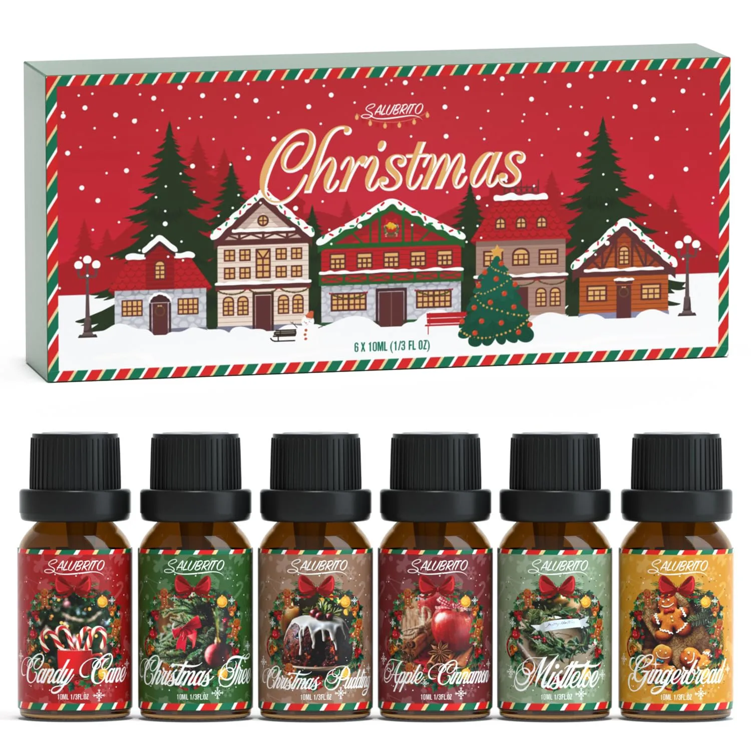 SALUBRITO Christmas Fragrance Oils Set, Winter Essential Oils for Diffuser, Candle Making, Scented Oils Gift - Candy Cane, Christmas Tree, Christmas Pudding, Apple Cinnamon, Gingerbread, Mistletoe