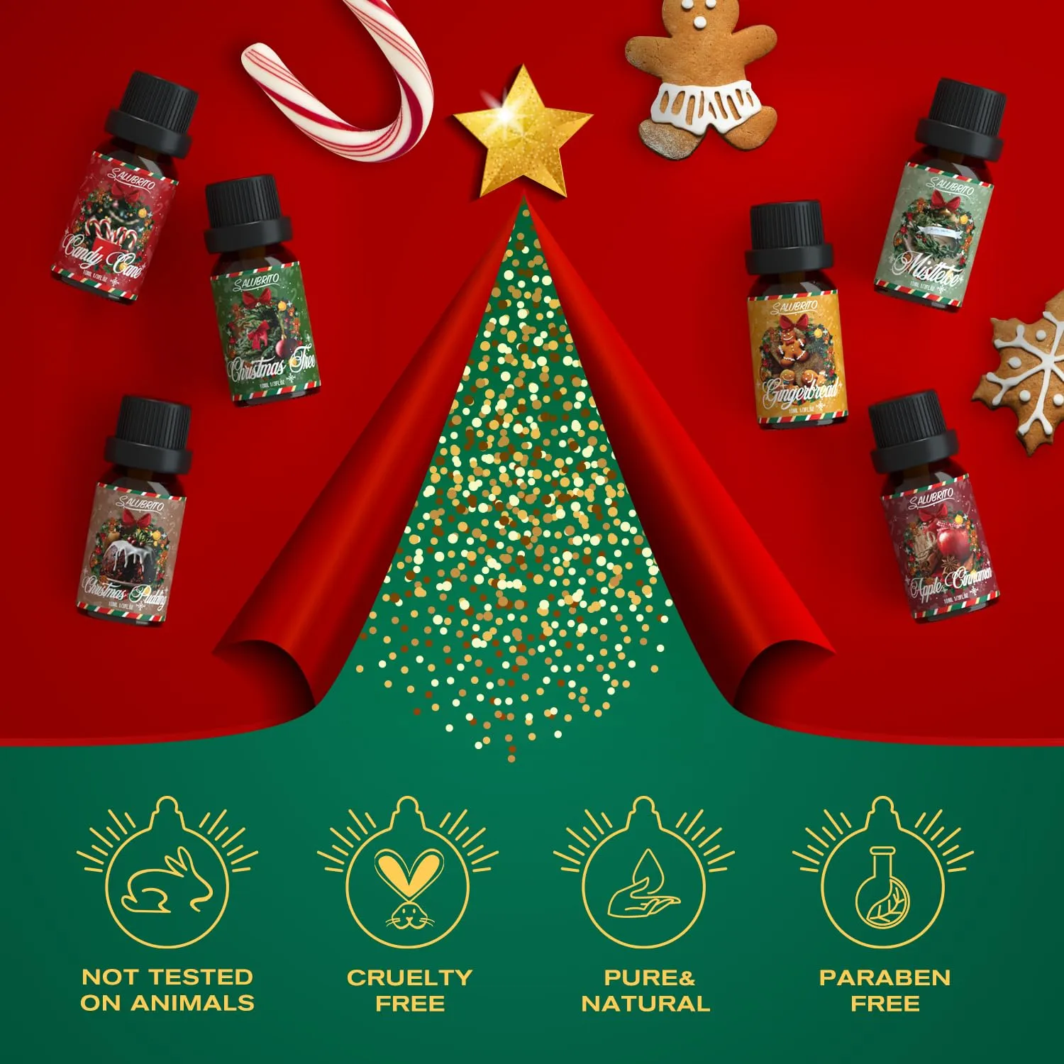 SALUBRITO Christmas Fragrance Oils Set, Winter Essential Oils for Diffuser, Candle Making, Scented Oils Gift - Candy Cane, Christmas Tree, Christmas Pudding, Apple Cinnamon, Gingerbread, Mistletoe