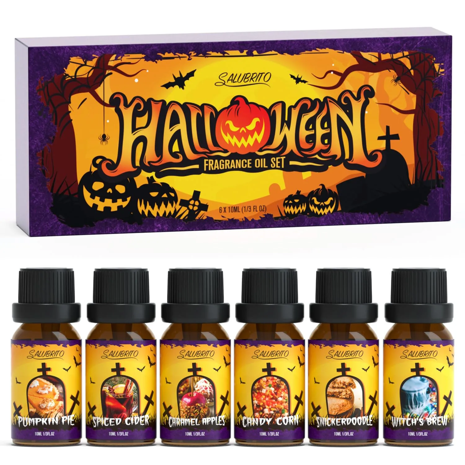 SALUBRITO Halloween Fragrance Oils Set, Funny Essential Oils Gift Set for Diffuser, Candle, Soap Making Scents, Pumpkin Pie, Spiced Cider, Caramel Apples, Candy Corn, Snickerdoodle, Witch's Brew