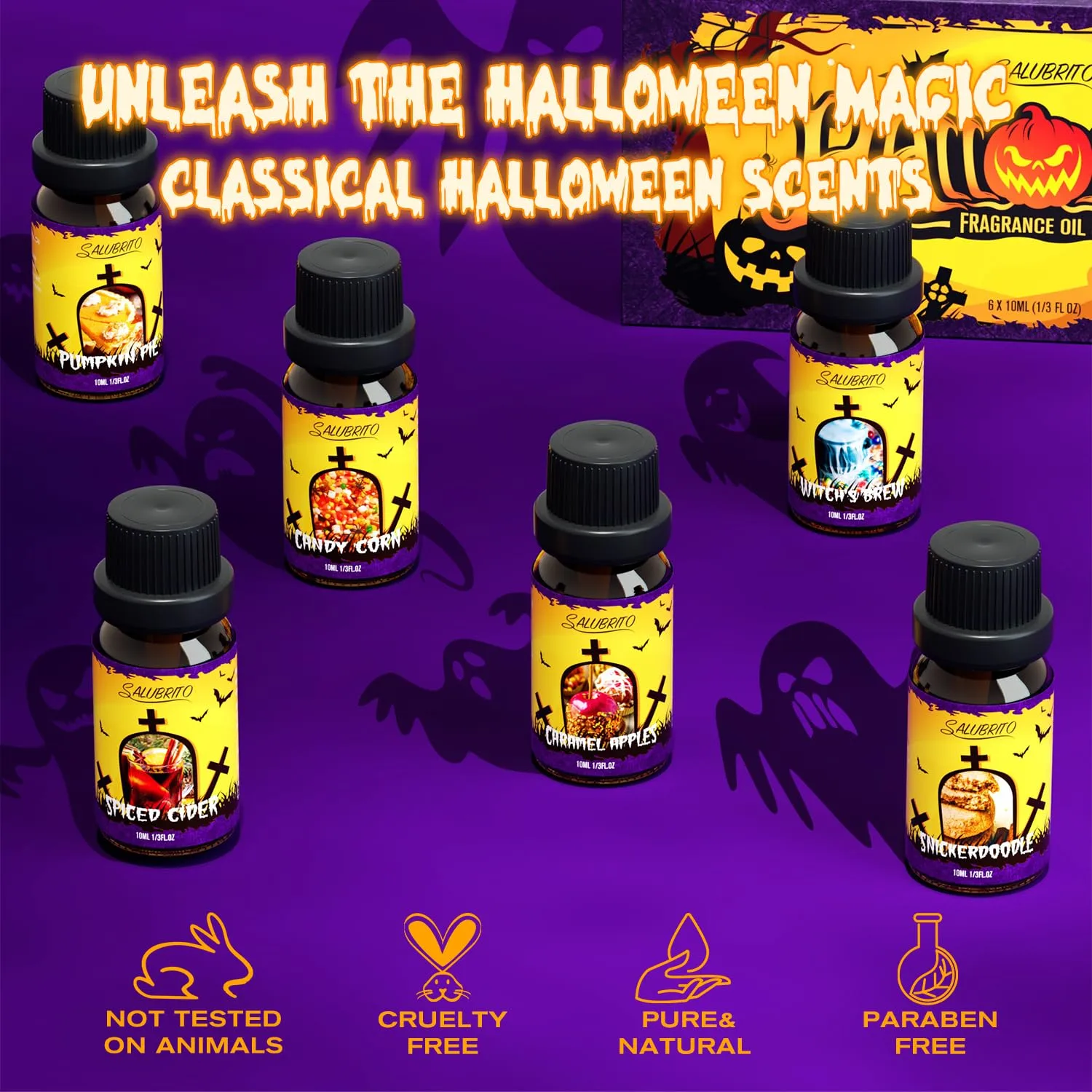 SALUBRITO Halloween Fragrance Oils Set, Funny Essential Oils Gift Set for Diffuser, Candle, Soap Making Scents, Pumpkin Pie, Spiced Cider, Caramel Apples, Candy Corn, Snickerdoodle, Witch's Brew