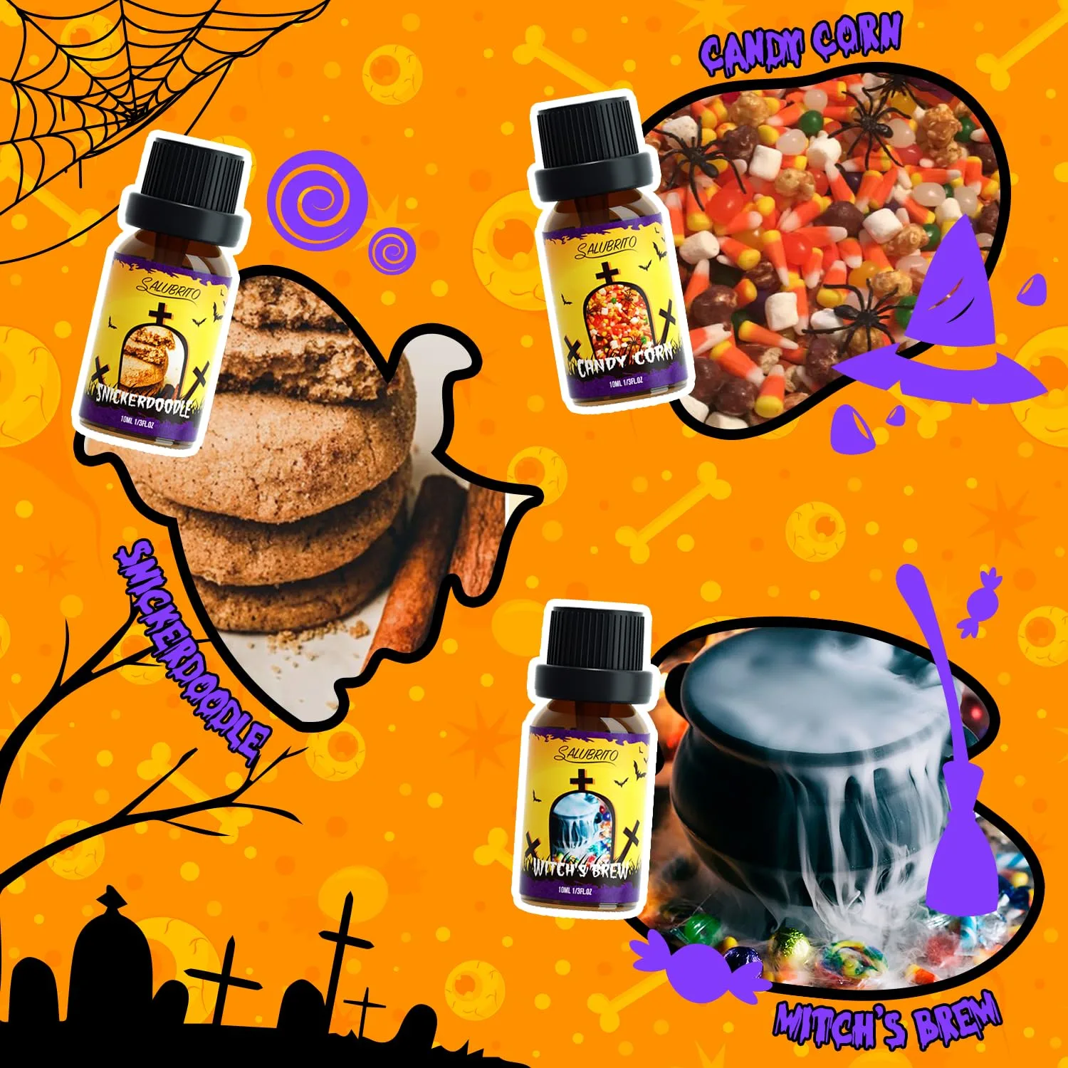 SALUBRITO Halloween Fragrance Oils Set, Funny Essential Oils Gift Set for Diffuser, Candle, Soap Making Scents, Pumpkin Pie, Spiced Cider, Caramel Apples, Candy Corn, Snickerdoodle, Witch's Brew