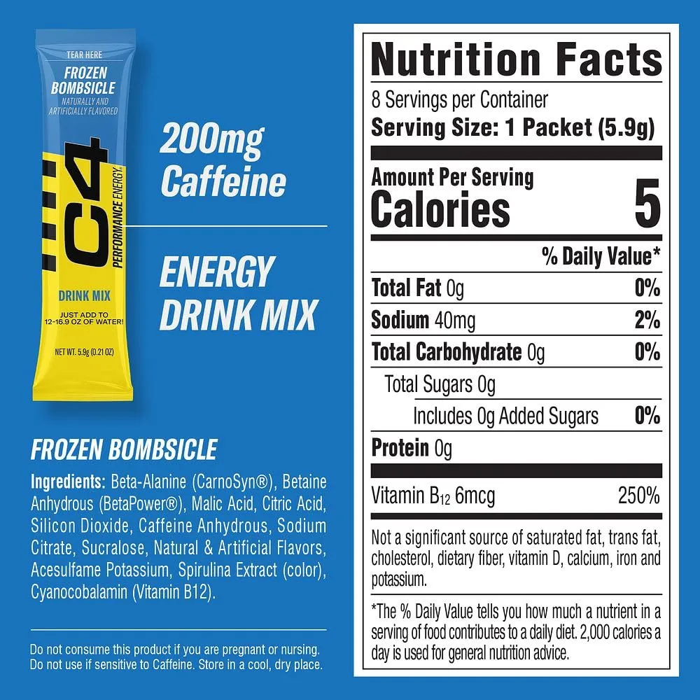 C4 Performance Energy, Frozen Bombsicle Drink Mix, 200mg Caffeine, Zero Sugar, NSF (2 Boxes, 16 Sticks)