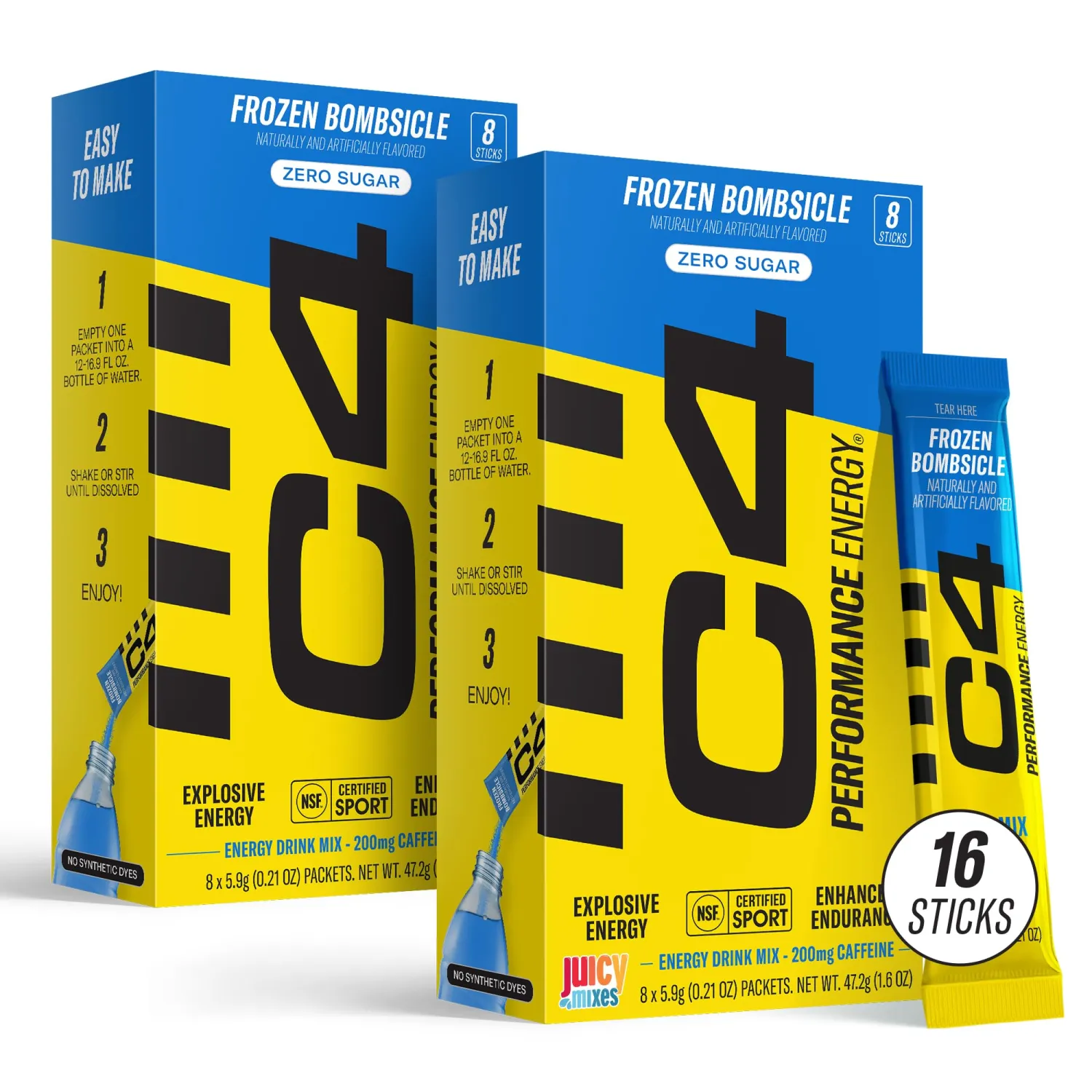 C4 Performance Energy, Frozen Bombsicle Drink Mix, 200mg Caffeine, Zero Sugar, NSF (2 Boxes, 16 Sticks)
