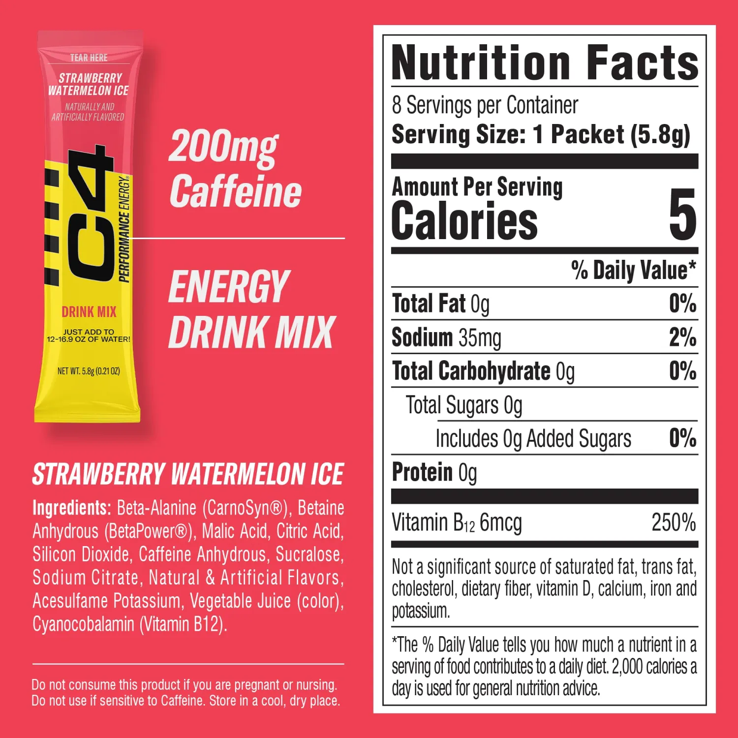 C4 Performance Energy, Strawberry Watermelon Ice Drink Mix, 200mg Caffeine, Zero Sugar, NSF (2 boxes, 16 sticks)