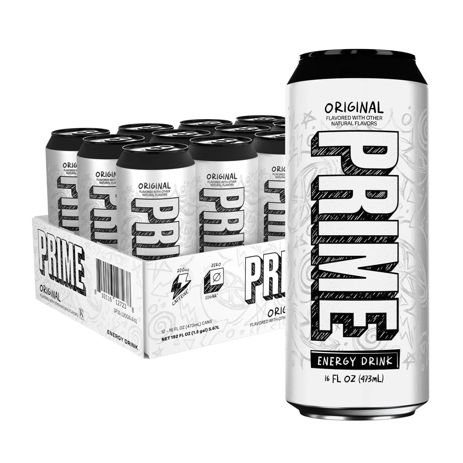 PRIME Energy ORIGINAL, Zero Sugar Energy Drink, 200mg Caffeine and 300mg of Electrolytes for Hydration, Vegan, Gluten Free,16 Fluid Ounce, 12 Pack
