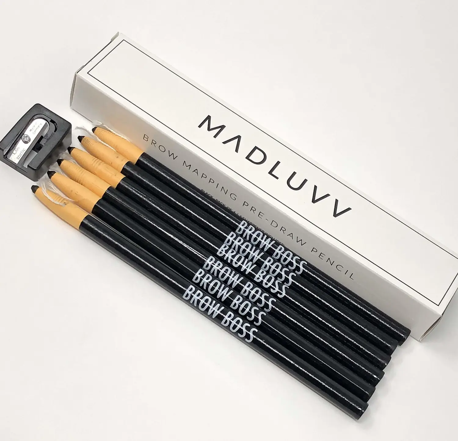 MADLUVV Brow Boss Brow Mapping Pre-draw Pencils and Sharpener, For Professional Brow Artists, Precise Line and Wax-Based Stays On During Procedure – 6 Pack