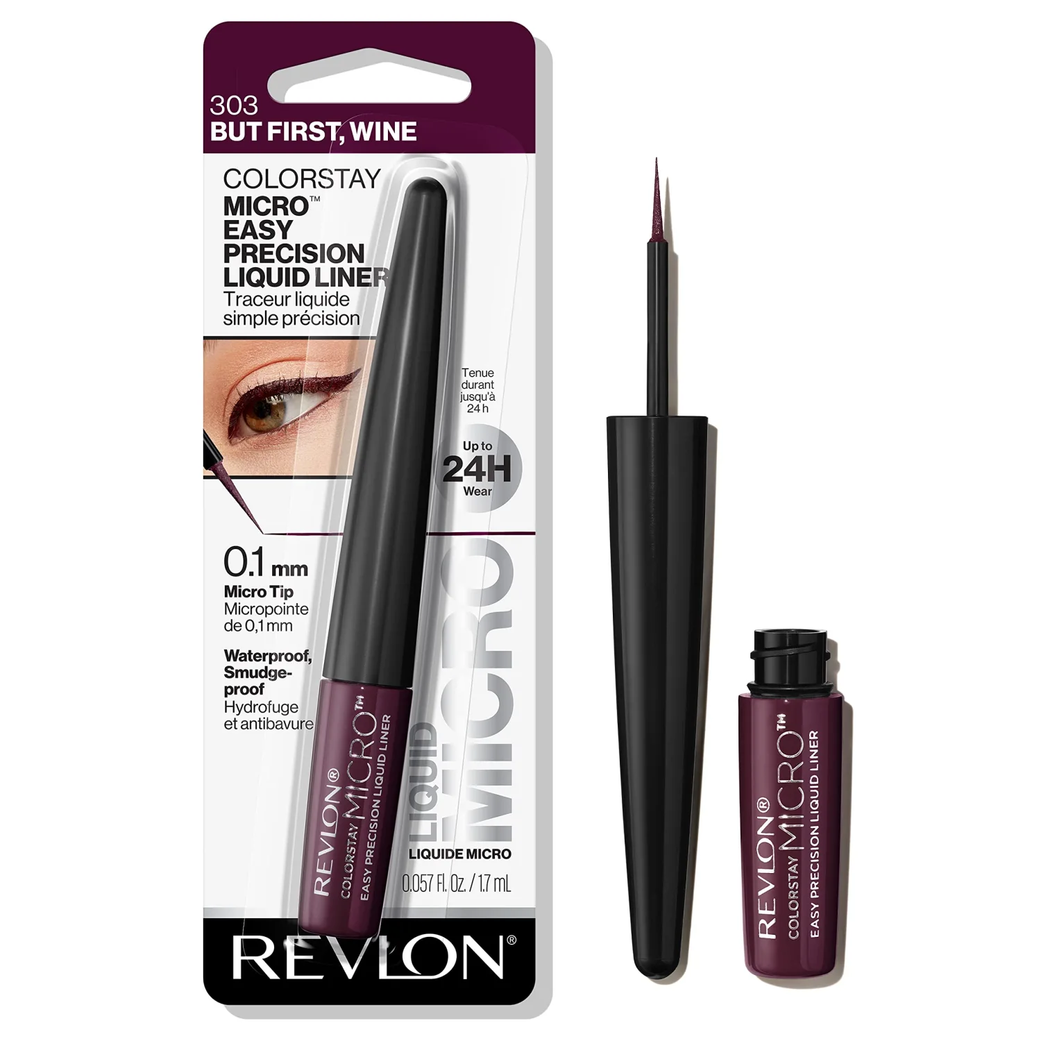 REVLON ColorStay Micro Easy Precision Liquid Eyeliner, Waterproof, Smudgeproof, Longwearing with Felt Tip Applicator, 303 But First, Wine, 0.057 fl oz
