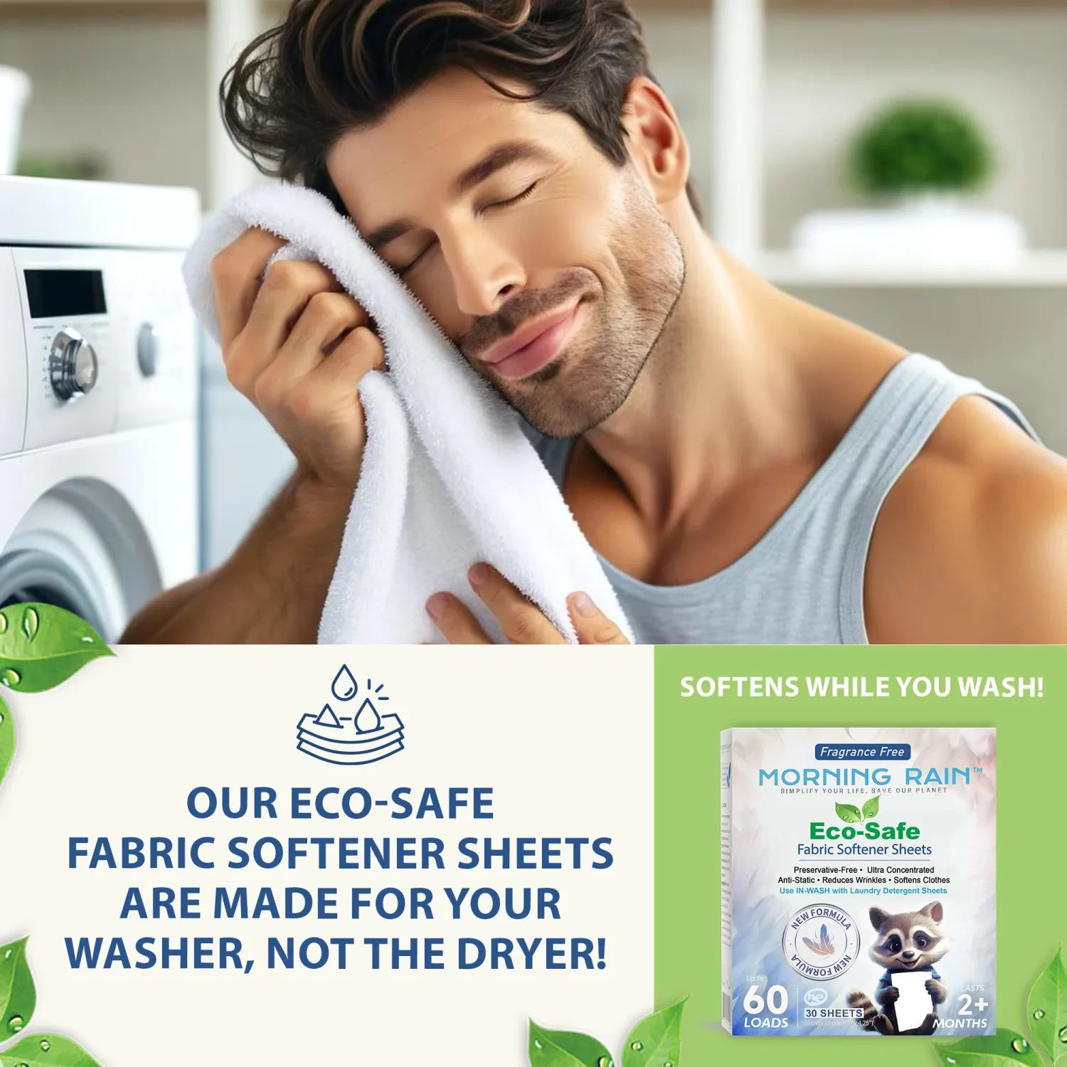 Eco Fabric Softener Sheets for Washing Machine - Fragrance-Free, Preservative-Free, Ultra-Concentrated - 30 Sheets for Up to 60 Loads, Anti-Static, Reduces Wrinkles, Softens Clothes