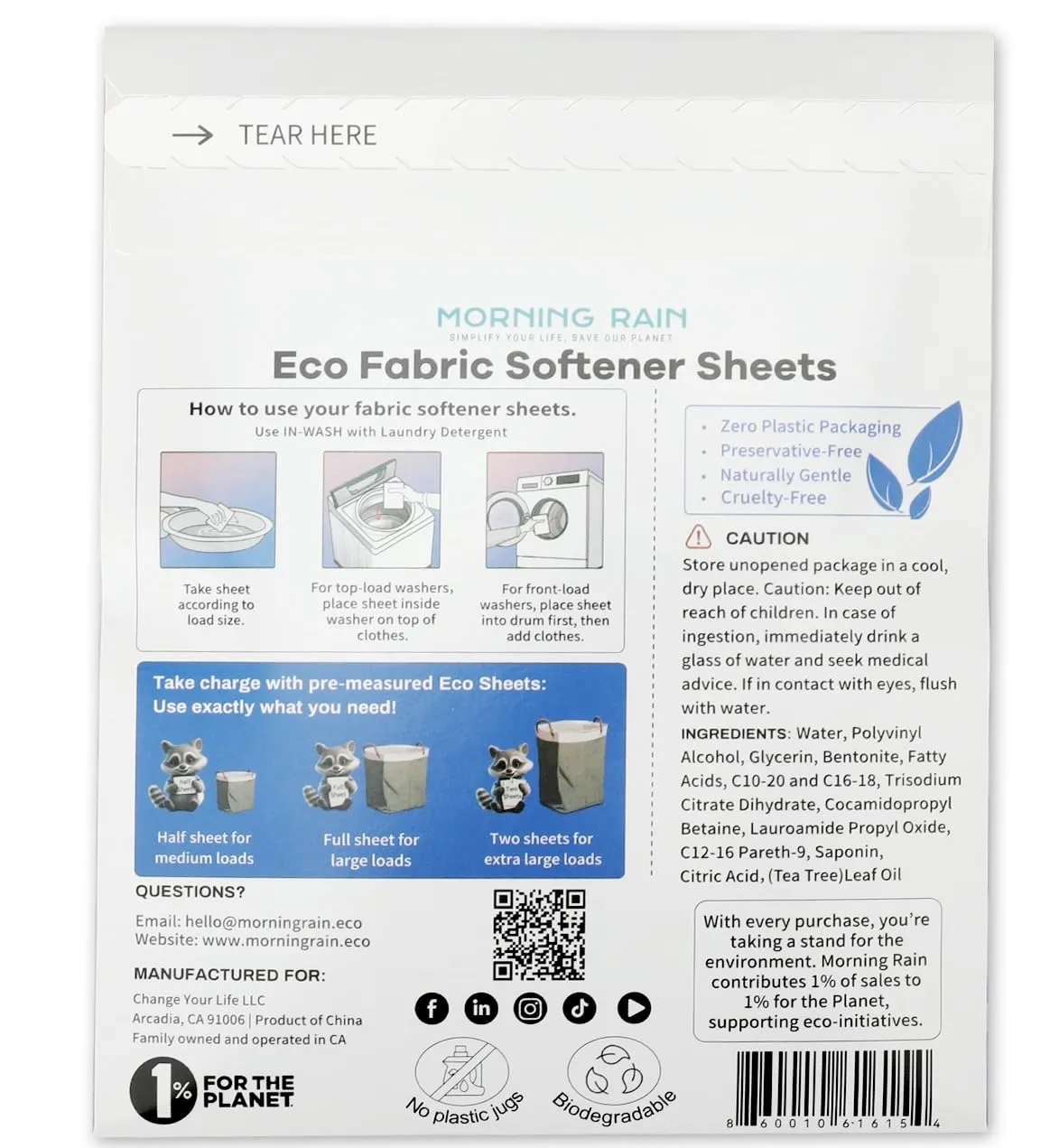 Eco Fabric Softener Sheets for Washing Machine - Fragrance-Free, Preservative-Free, Ultra-Concentrated - 5 Sheets for Up to 10 Loads, Anti-Static, Reduces Wrinkles, Softens Clothes