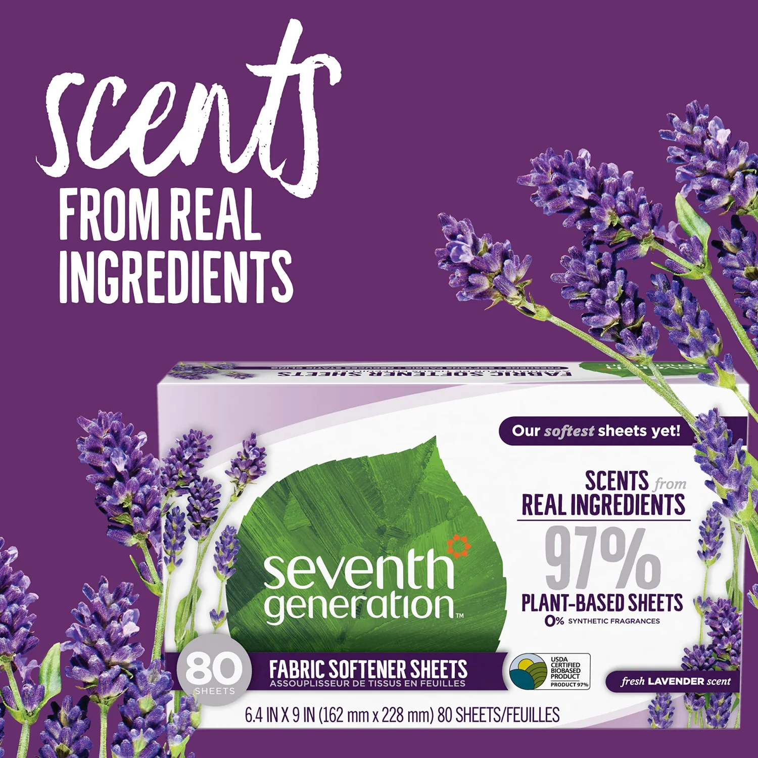 Seventh Generation Dryer Sheets Laundry Fabric Softener, Fresh Lavender Scent, 80 Sheets
