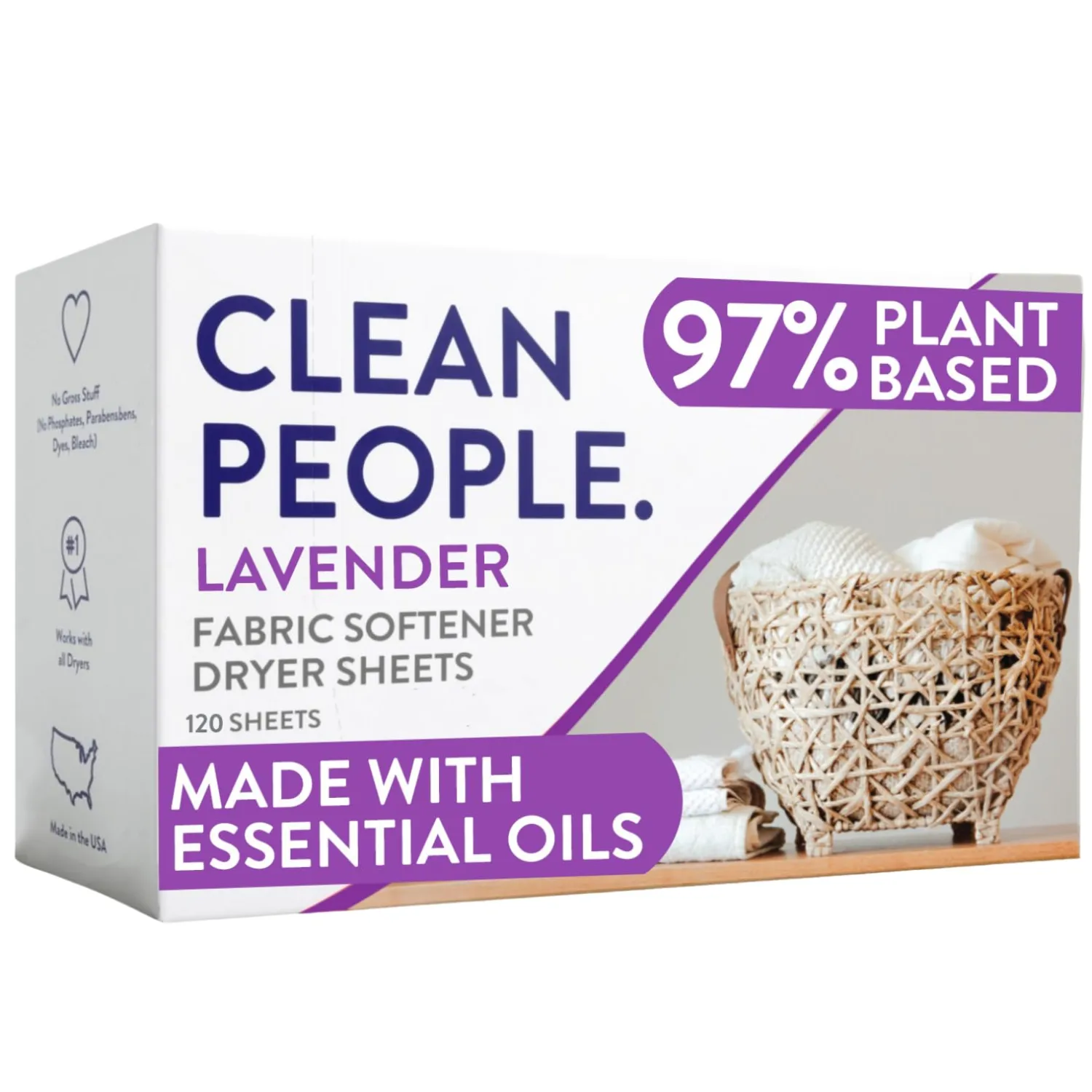 The Clean People Fabric Softener Sheets - Dryer Sheets - Softens & Removes Static - Vegan Laundry Softener With Essential Oils - Lavender, 120 Pack