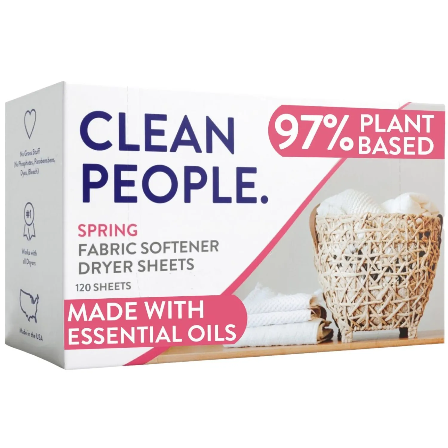 The Clean People Fabric Softener Sheets - Dryer Sheets - Softens & Removes Static Cling - Vegan Laundry Softener, Essential Oils - Spring, 120 Sheets