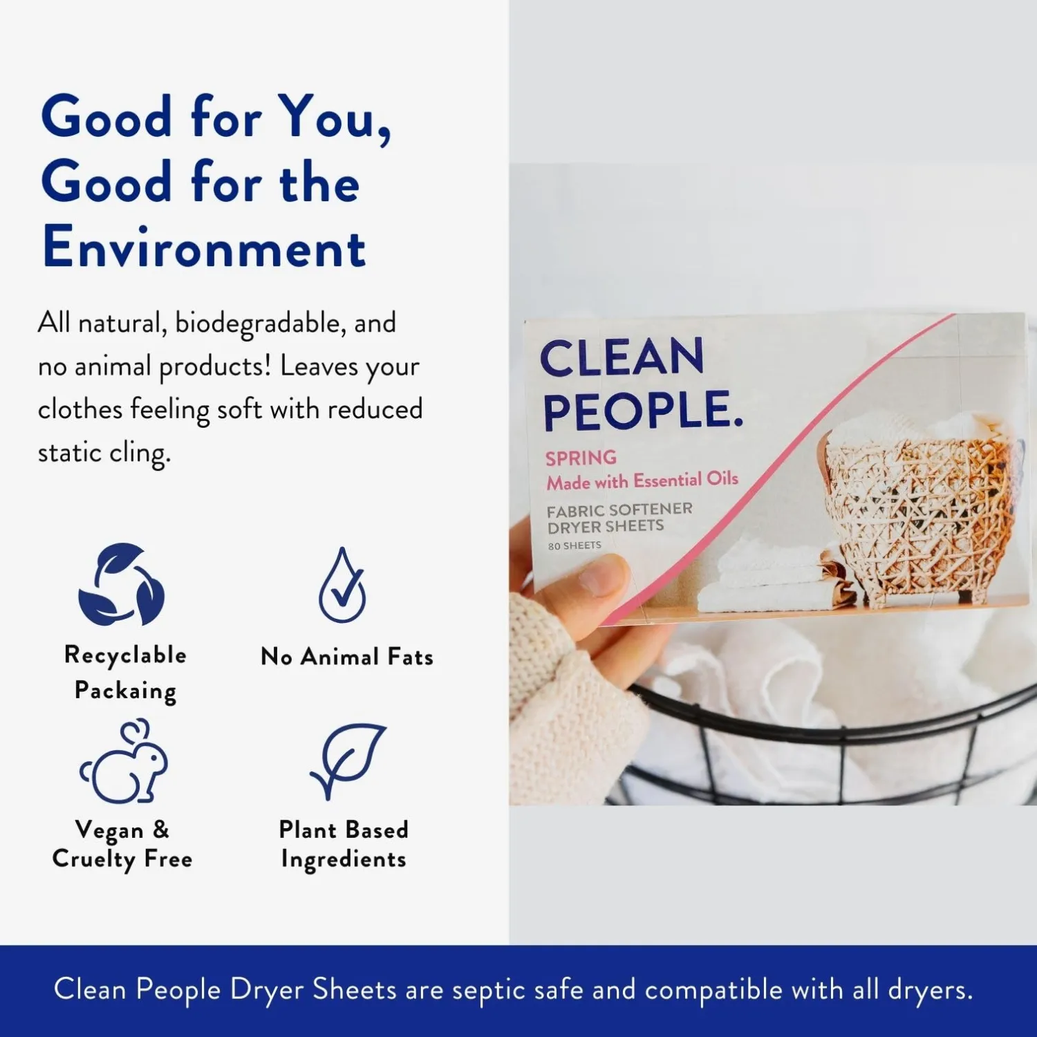 The Clean People Fabric Softener Sheets - Dryer Sheets - Softens & Removes Static Cling - Vegan Laundry Softener, Essential Oils - Spring, 120 Sheets