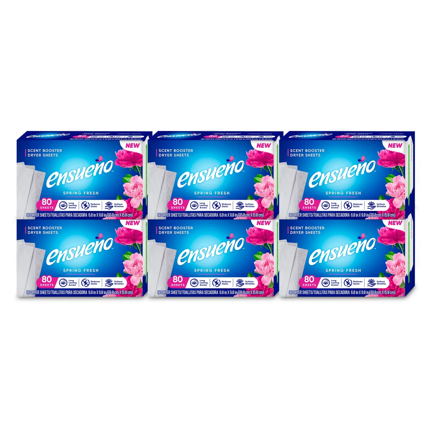 Ensueño- Fabric Softener Dryer Sheets, Scent Booster, Spring Fresh, 80 Count (Pack of 6) - Ideal for Large Households, Business, Or office Use