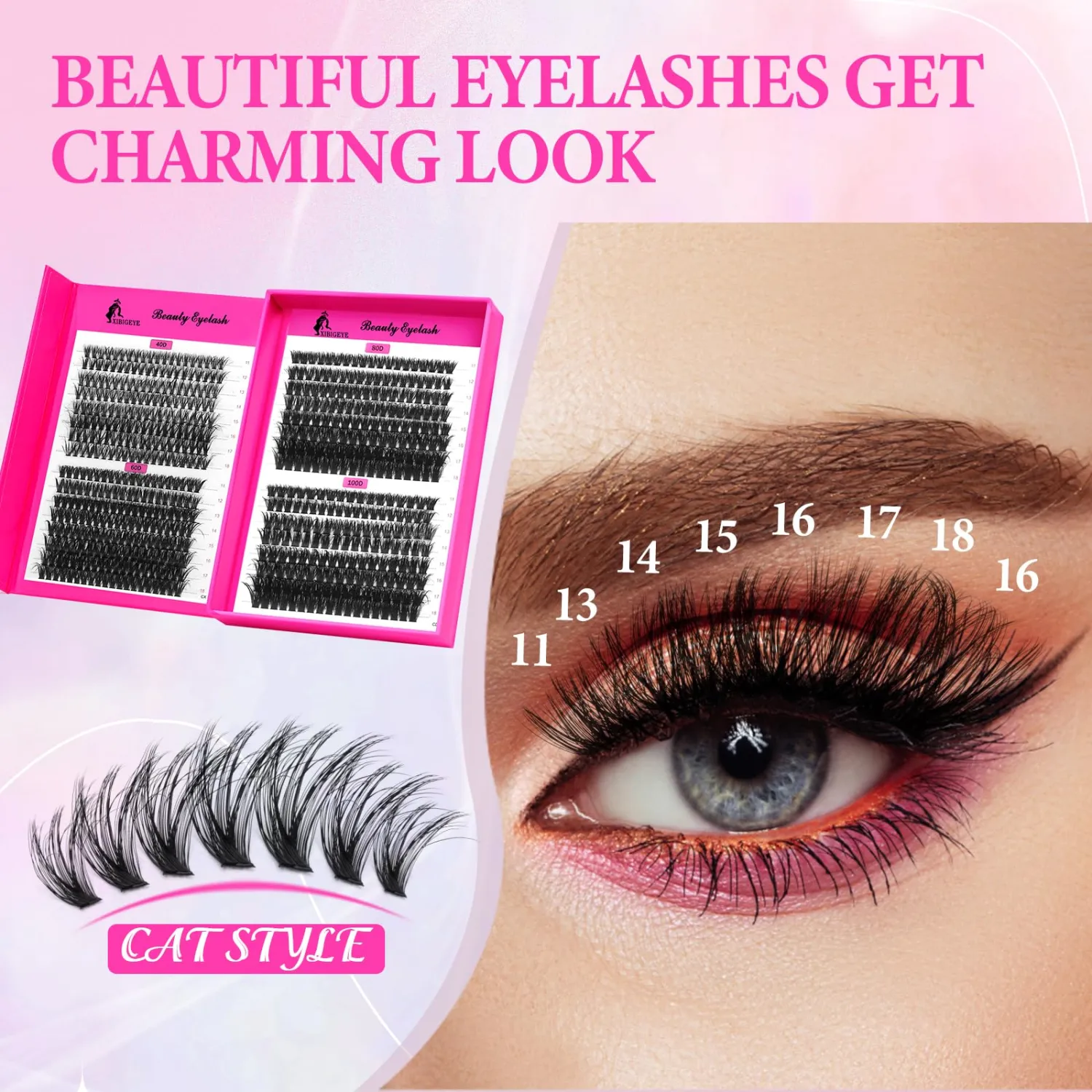 640PCS Natural Lash Clusters-Cluster Eyelash Extensions 11-18mm Mixed C Curl Individual Lashes Clusters 40D+60D+80D+100D Eyelash Clusters DIY Wispy Lash Clusters
