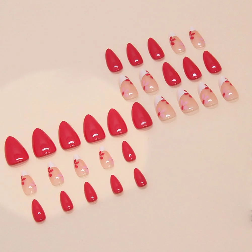 30 Pcs Red Press on Nails Short Almond - YEFIUO White French Fake Nails Press ons Nail Art Tip Glue on Nails with Flowers Design Full Cover False Nails Stick on Nails Artificial Acrylic Nail Kit Women