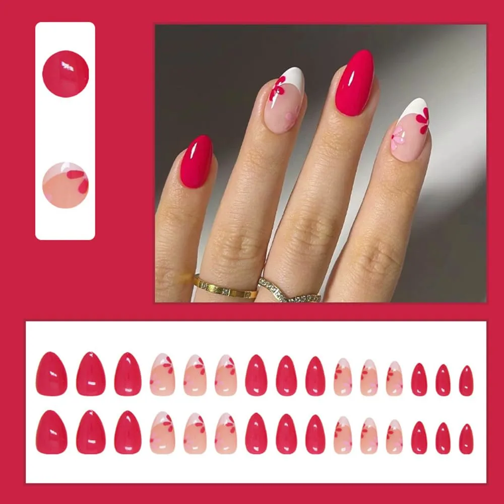 30 Pcs Red Press on Nails Short Almond - YEFIUO White French Fake Nails Press ons Nail Art Tip Glue on Nails with Flowers Design Full Cover False Nails Stick on Nails Artificial Acrylic Nail Kit Women
