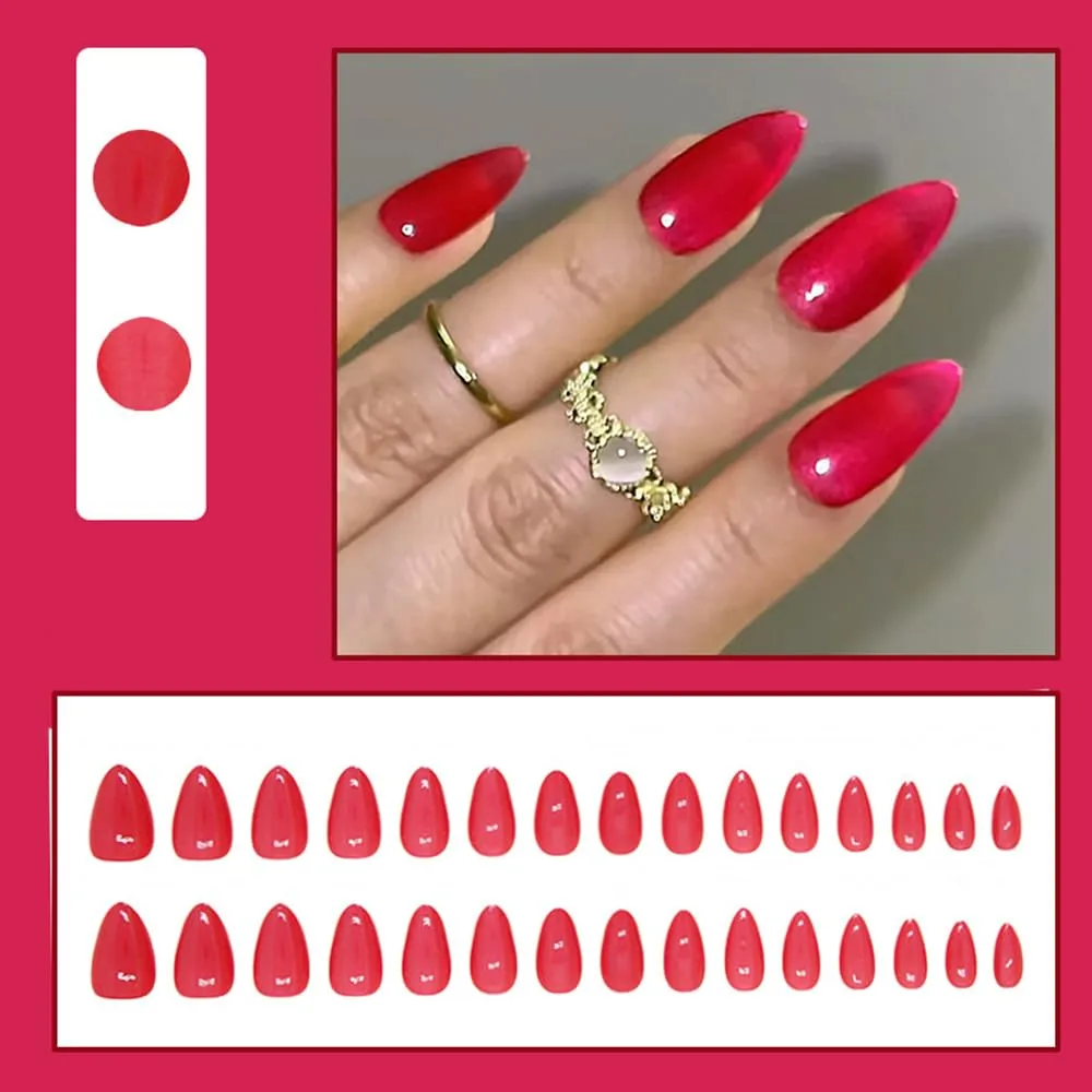 30 Pcs Red Press on Nails Short Almond - YEFIUO Extra Short Fake Nails Press ons Nail Art Tips French Glitter Glue on Nails with Design Full Cover False Nails Stick on Nails Acrylic Nail Kit